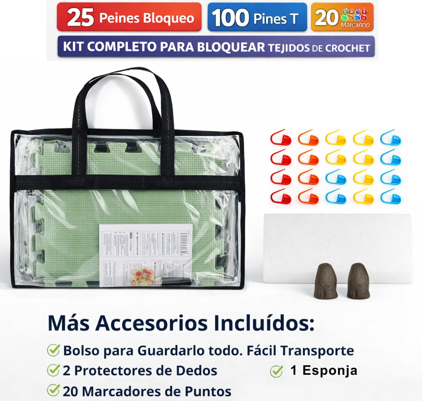 SusggO Pack 9 Tablero Bloqueo Ganchillo Crochet Espuma, 25 Peines Bloqueo,100 Pines T,Protector dedos,20 marcadores. Bloqueador Granny Crochet Bloqueo Granny Square