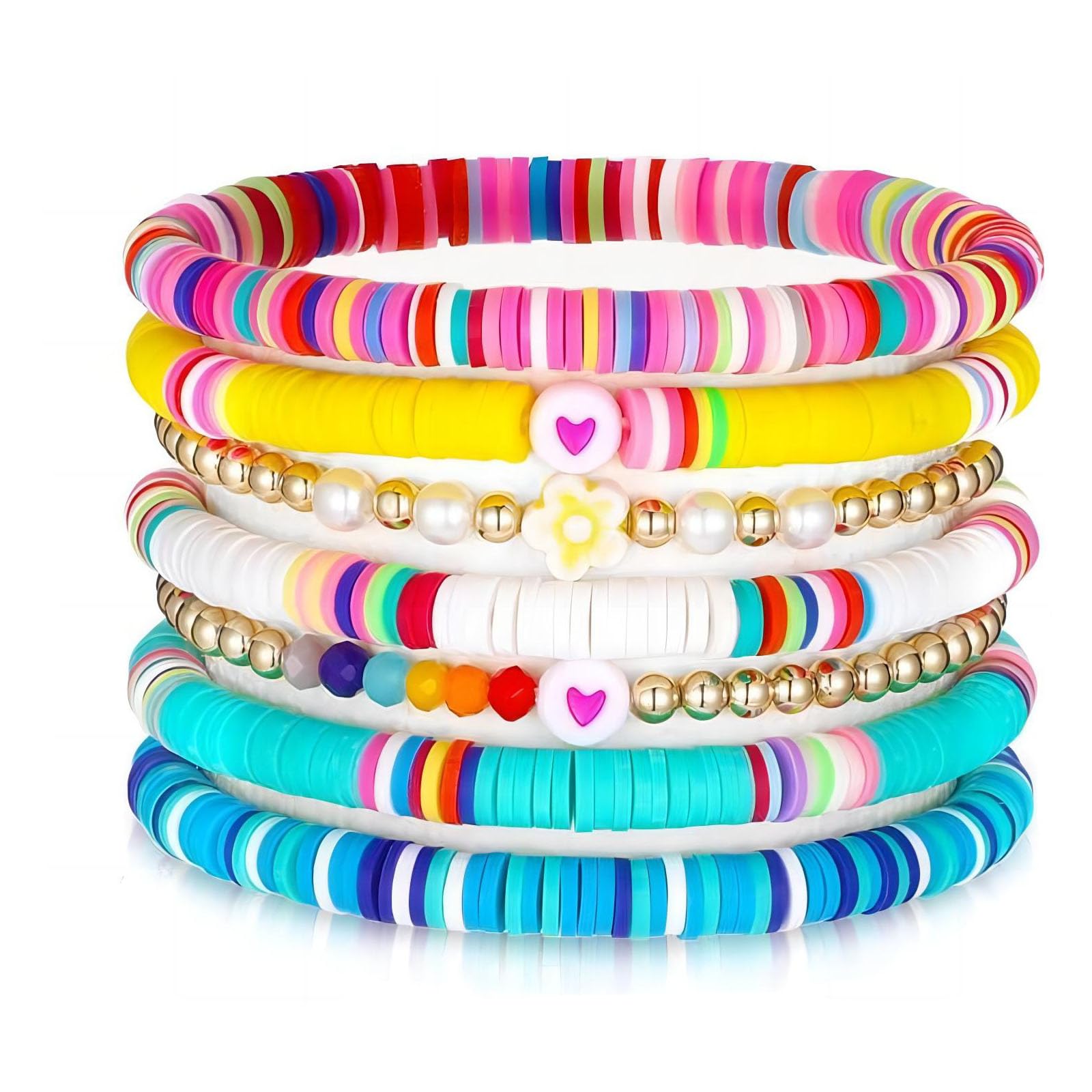 Rrdaily Stretch Bracelets Set for Teen Girls,Rainbow Stacked Elastic Bracelet Colorful Polymer Clay Beaded Layered Bracelet Boho Style Womens Beach Jewelry