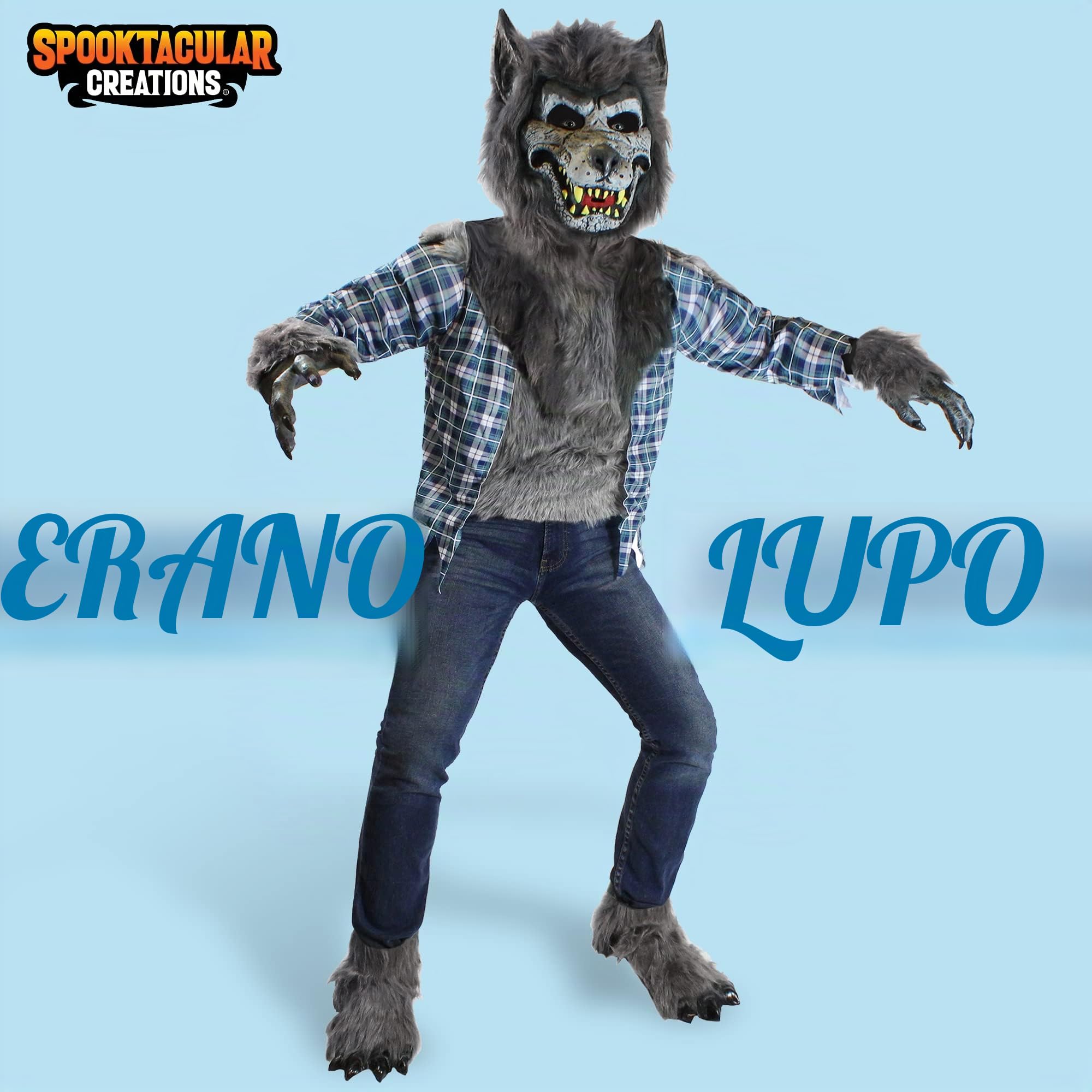 Spooktacular Creations Costume Deluxe da Lupo Mannaro che Ulula da Ragazzo con Maschera, Guanti con Artigli di Lupo Mannaro, Copristivali, Costume da Lupo di Halloween per Bambini-XXL (14-16 anni)