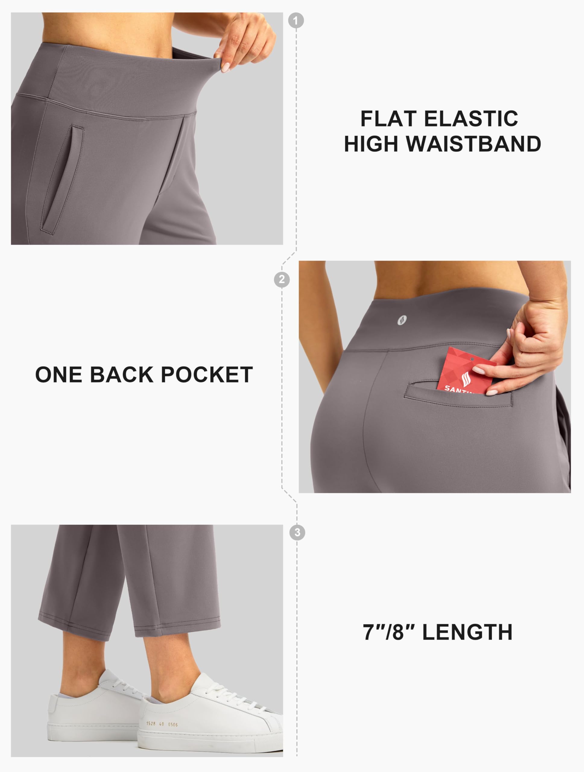 SANTINY Pantalon pour femme avec 3 poches taille haute 7/8 extensible pour le golf, les voyages, l'athlétisme, le travail