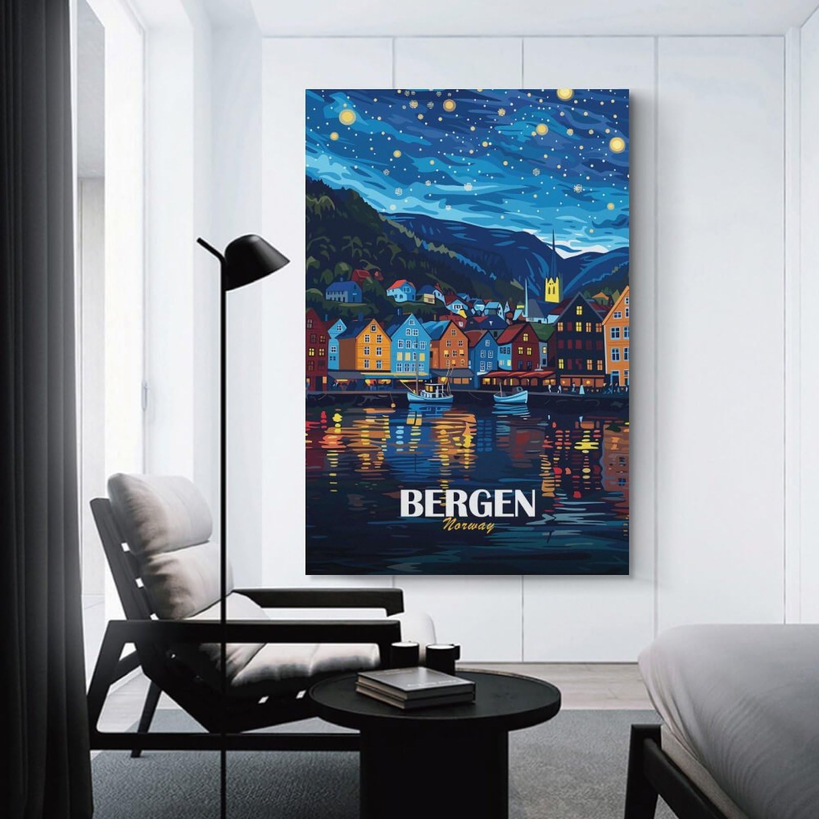 Junmoney Bergen Norway Nightscape Illustration Room Decor Wall Art 24x36inch(60x90cm), for Art Walls, Layered Displays Or Homes, Wall Decor Suited to Curated Displays
