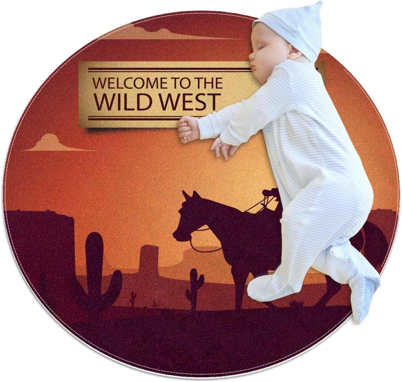 LKJDF Round kids rug round carpet circular rug round floor mat machine washable rug,Wild West Cowboy