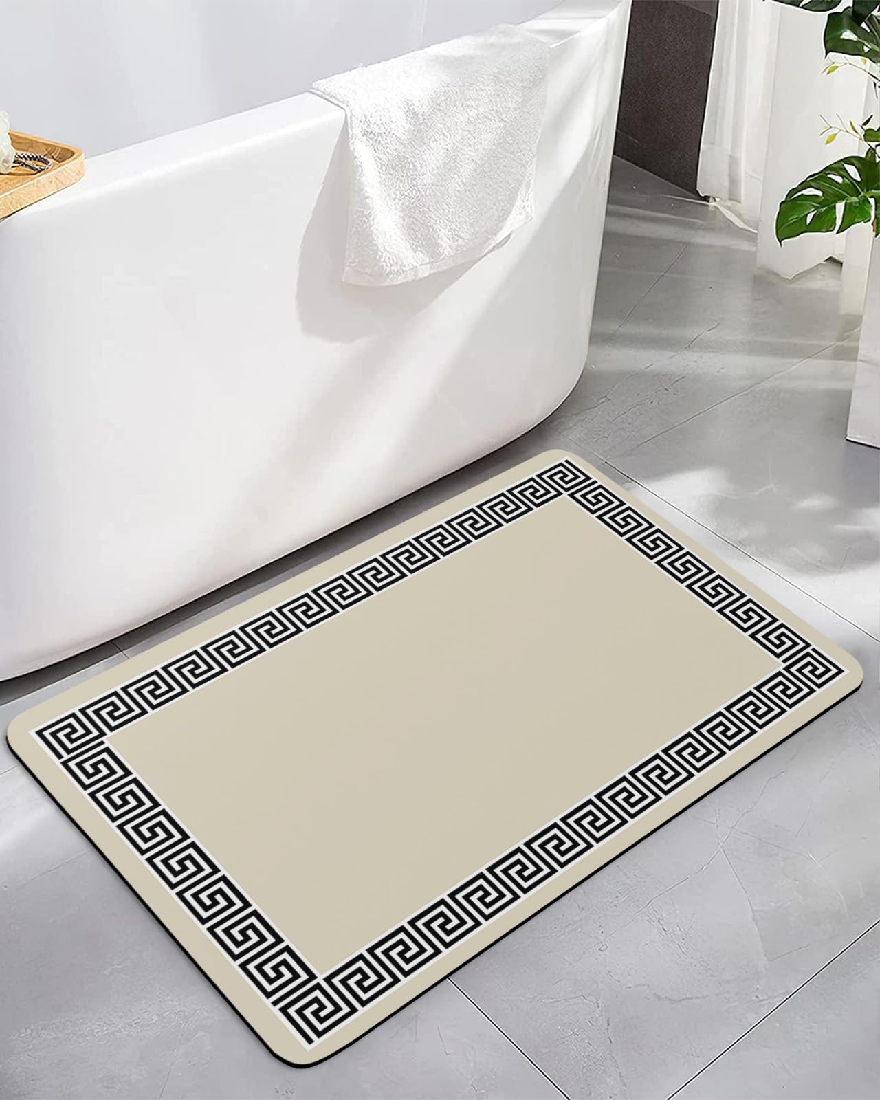 ALAGEO Geometric Greek Key Design Bath Mat Rug Quick Dry Absorbent Rubber Backed Bathroom Mat Beige Bathroom Rugs Fit Under Door-Bath Mats Shower Rug for Bathroom Floor Mat in Front of Sink 24"x 36"