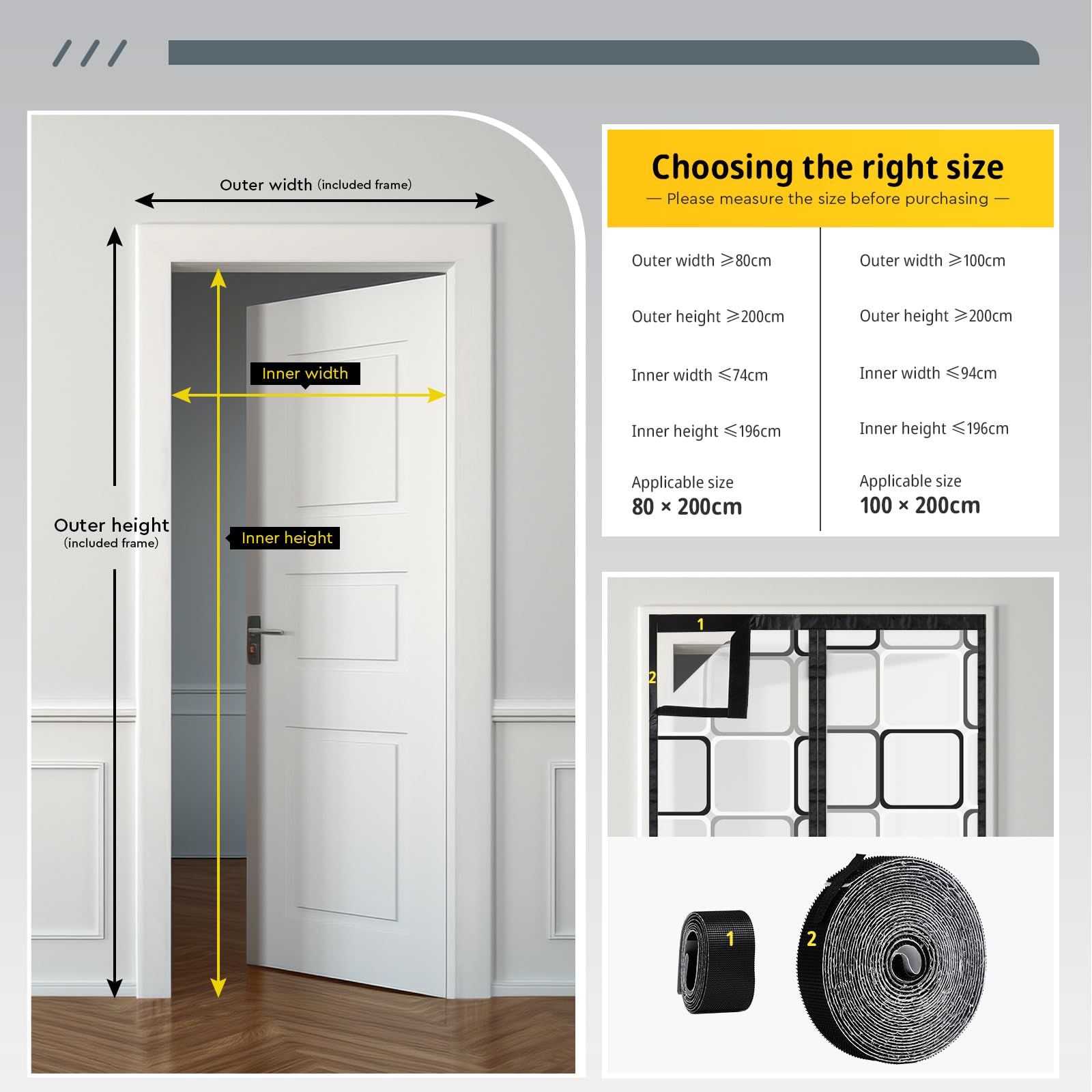 SWAWIS 100x200cm Cortina Térmica Magnética para Puertas in EVA Material, Resistente al Frío y Aislante Térmico Impermeable y Cortavientos, con Velcro, para Balcón Cocina Dormitorio(Patrón a Cuadros)