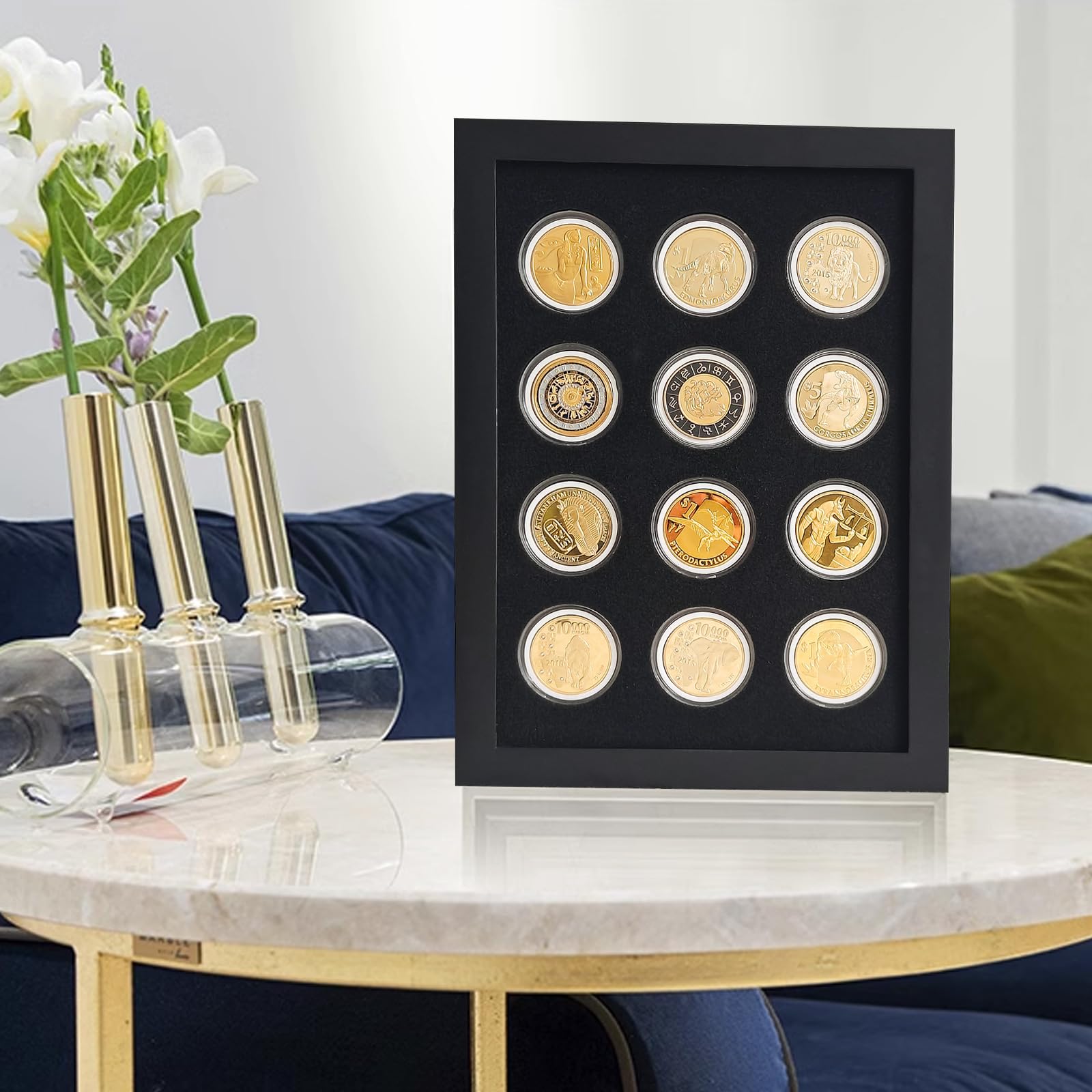 Wooden Challenge Coin Display Shadow Box,12 Coin Display Case,Military Coin Holder Display,Casino Chip Display Case Cabinet Holder,Collector Coin Display Frame ,98% UV Protection,with HD Glass.