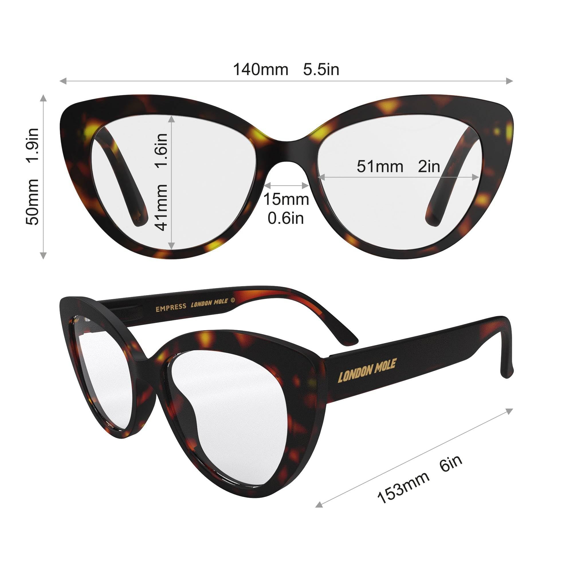 LONDON MOLE® Empress gafas de moda | Lentes transparentes de Zero | Montura en forma de ojo de gato | Mujeres | Bisagras de resorte