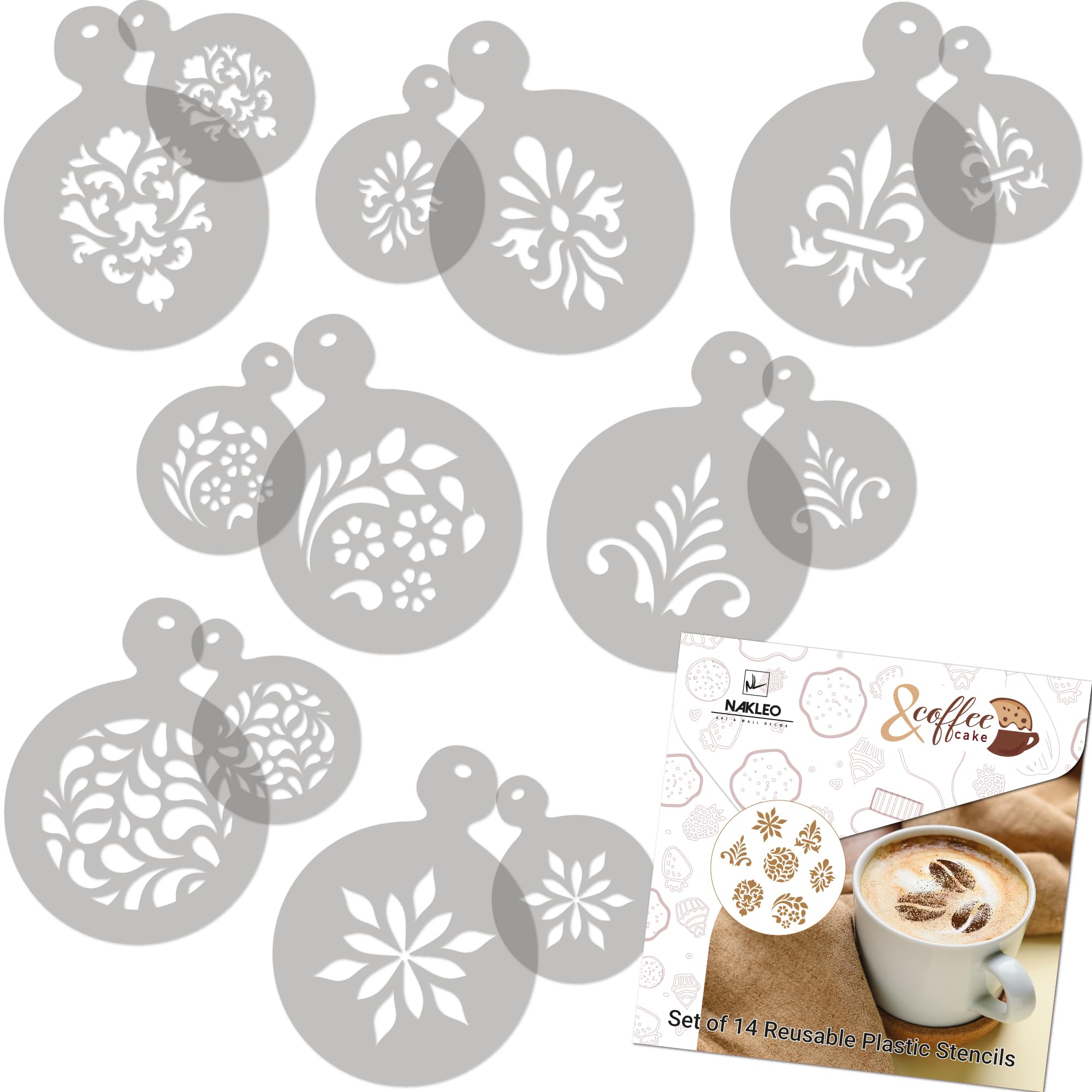 NAKLEO Coffee Stencils and Cookies Decoration 14Pcs 7x7 and 11x11cm, Reusable Plastic Baking Templates