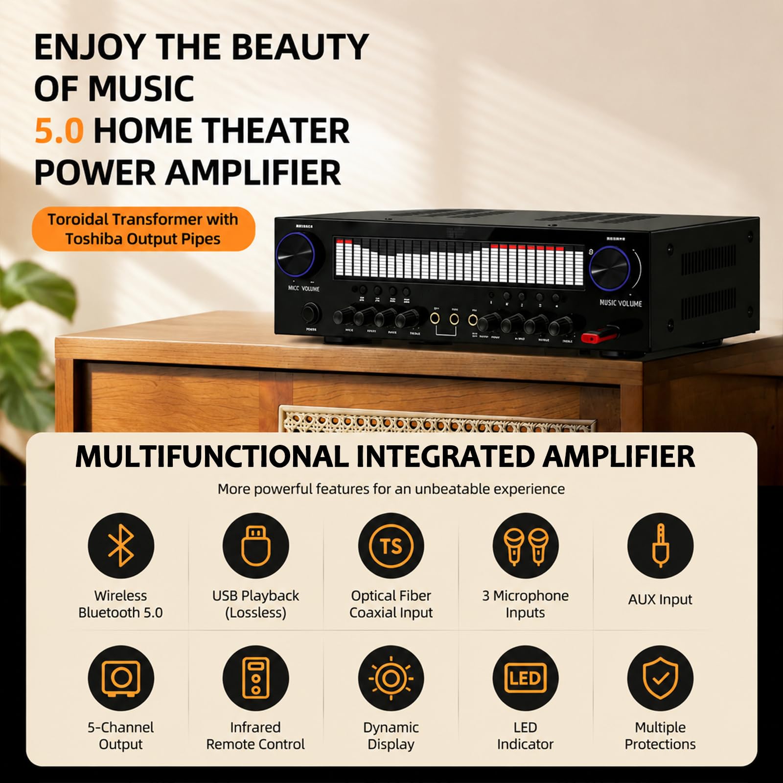 Amplificador De Audio Estéreo, Amplificador Bluetooth 6.0 para El Hogar, Receptor De 5 Canales, 3 Entradas De Micrófono, con Dsp, Entradas USB/aux/óptica/coaxial, Mando A Distancia