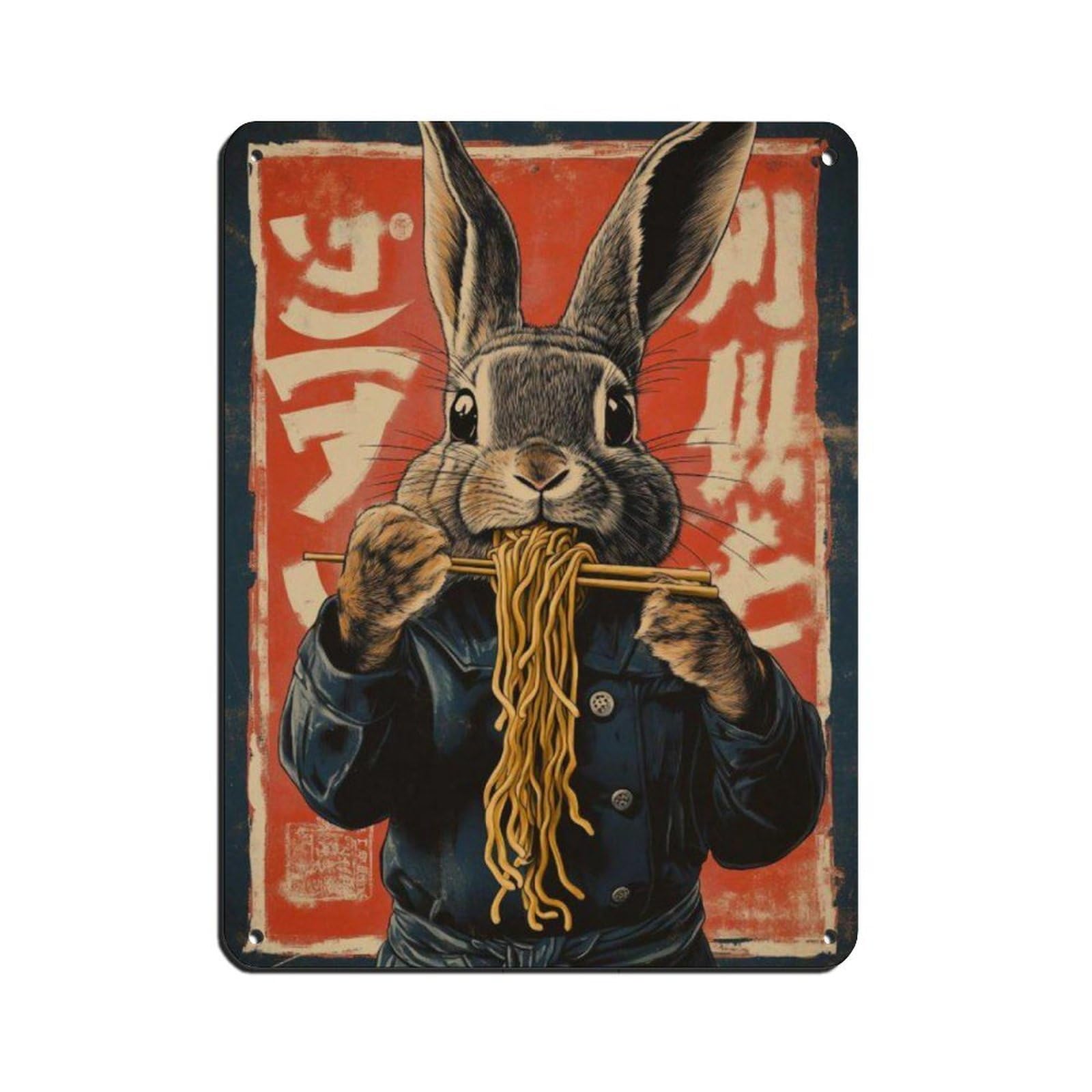 Cute Rabbit Eating Noodles Poster, Tin Sign Vintage Metal Pub Club Cafe Bar Home Wall Art Decoration Poster Retro 12x16inch(30x40cm)