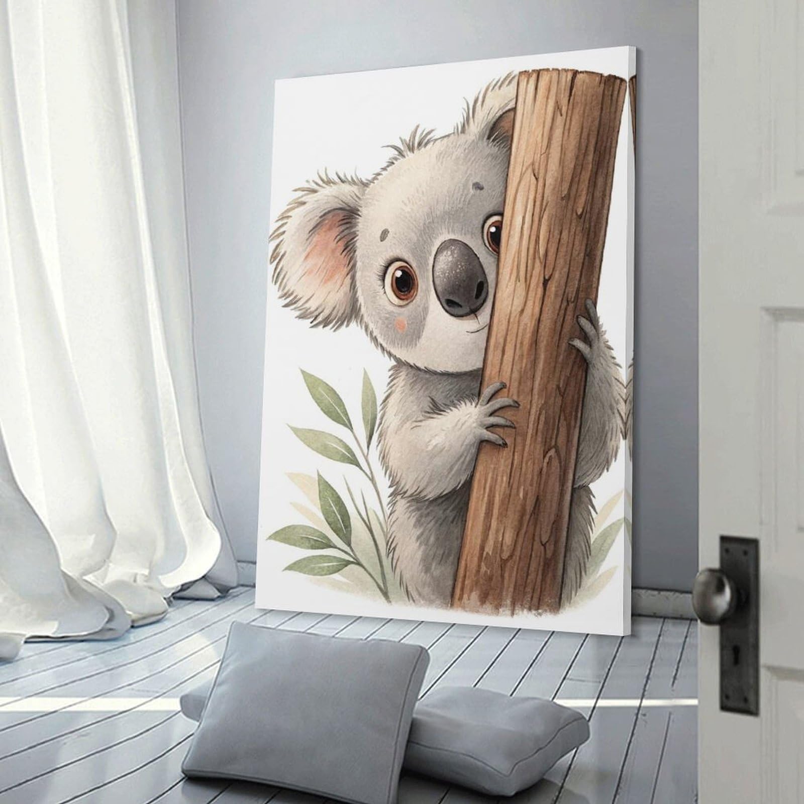 Junmoney Cute Koala Peeking from Behind A Tree Hanging Wall Art, 24x36inch(60x90cm), for Bedroom, Guest Room Or Reading Nook, Home Artwork with A Soft Interior Feel
