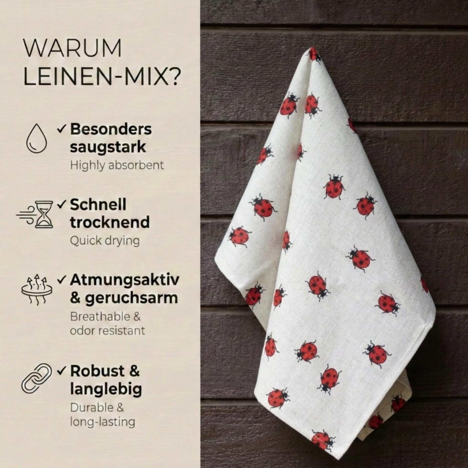 Confezione da 2 pezzi: Strofinacci da cucina di lusso in lino/cotone, asciugamani da cucina, 47 x 70 cm, misto lino, stonewashed jacquard o stampati (coccinelle)
