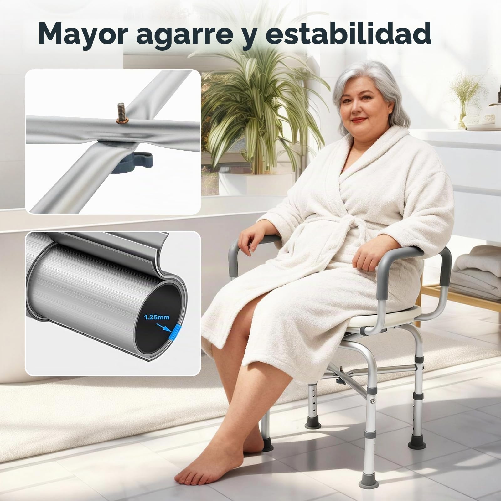 Silla de Ducha para Seniors, Taburete de Ducha con Respaldo, Asiento de Ducha para Embarazadas, Altura Ajustable, Ayuda de Ducha con pies Antideslizantes