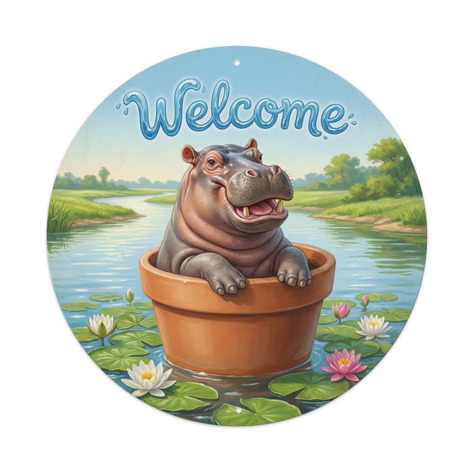 Welcome Hippo River Lily Metal Tin Sign