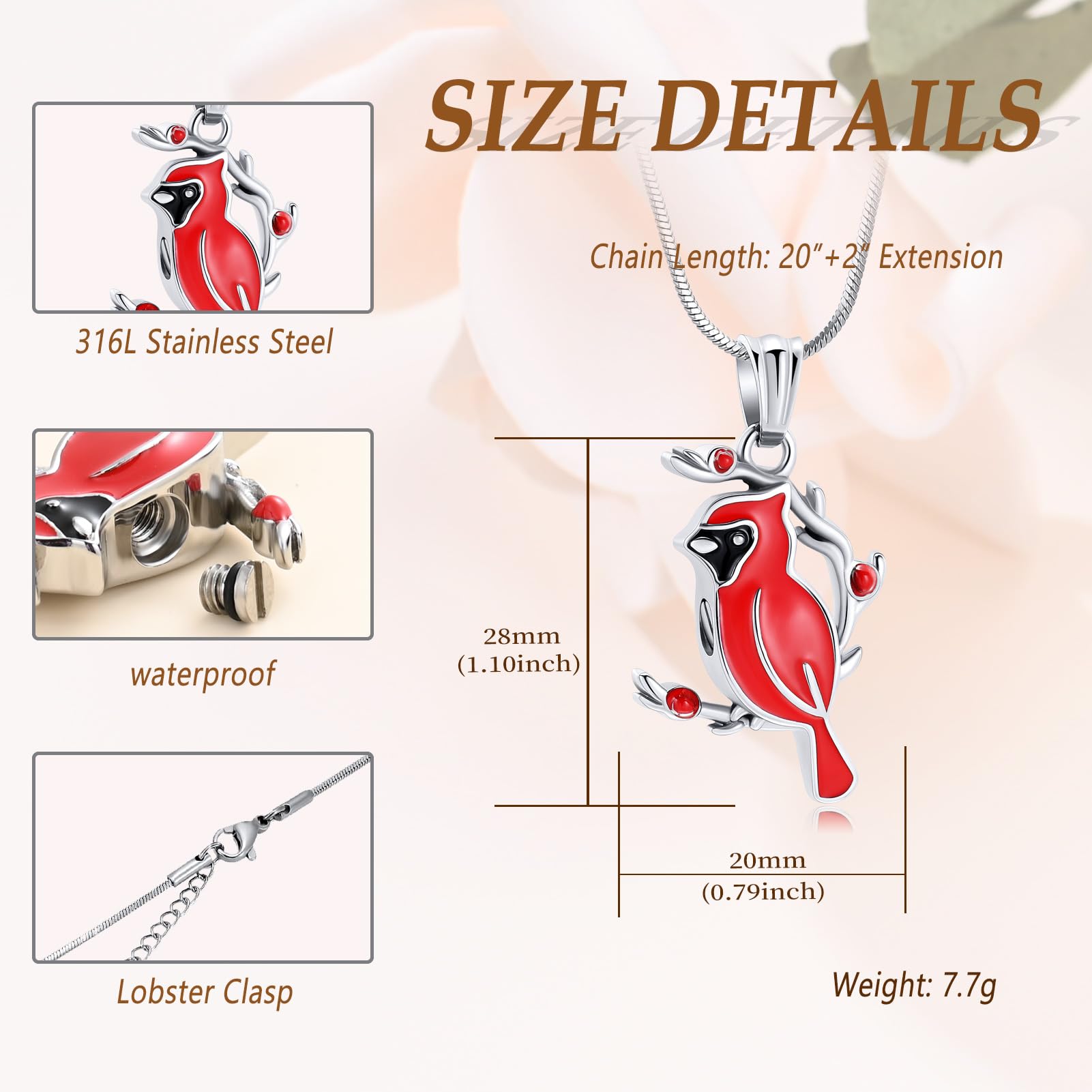 Minicremation Red Cardinal Urn Necklace for Ashes Cremation Jewelry for Ash for Women Men Keepsake Memorial Pendant Jewelry Ashes for Human/Pet
