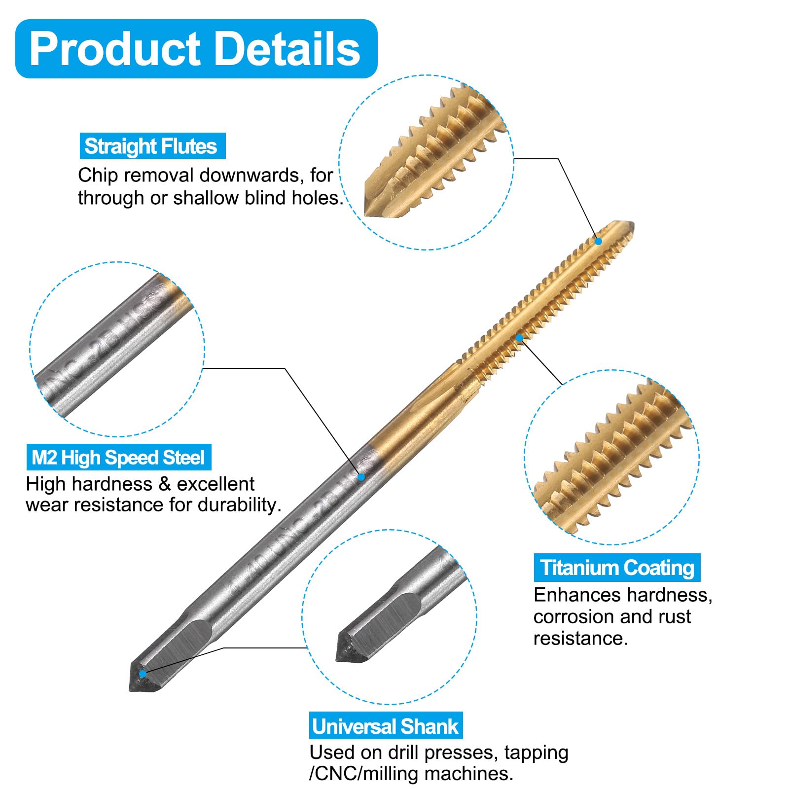 Set di Maschi e Punte da Trapano, 1 Maschio per Filettatura a scanalatura Dritta UNC 4-40 e 1 Punta elicoidale da 2,3 mm, Kit di Utensili per Filettatura HSS-6542 Rivestiti in Titanio