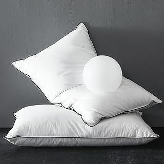 Oreiller en d'oie Duvet 60x60 Lot de 2, Duvet et Plumes de Haute Qualité entourés d'un Tissu en 100% Coton Biologique, Oreiller D'hôtel Ergonomique à 3 Chambres, Coussin de Sommeil Moelleux