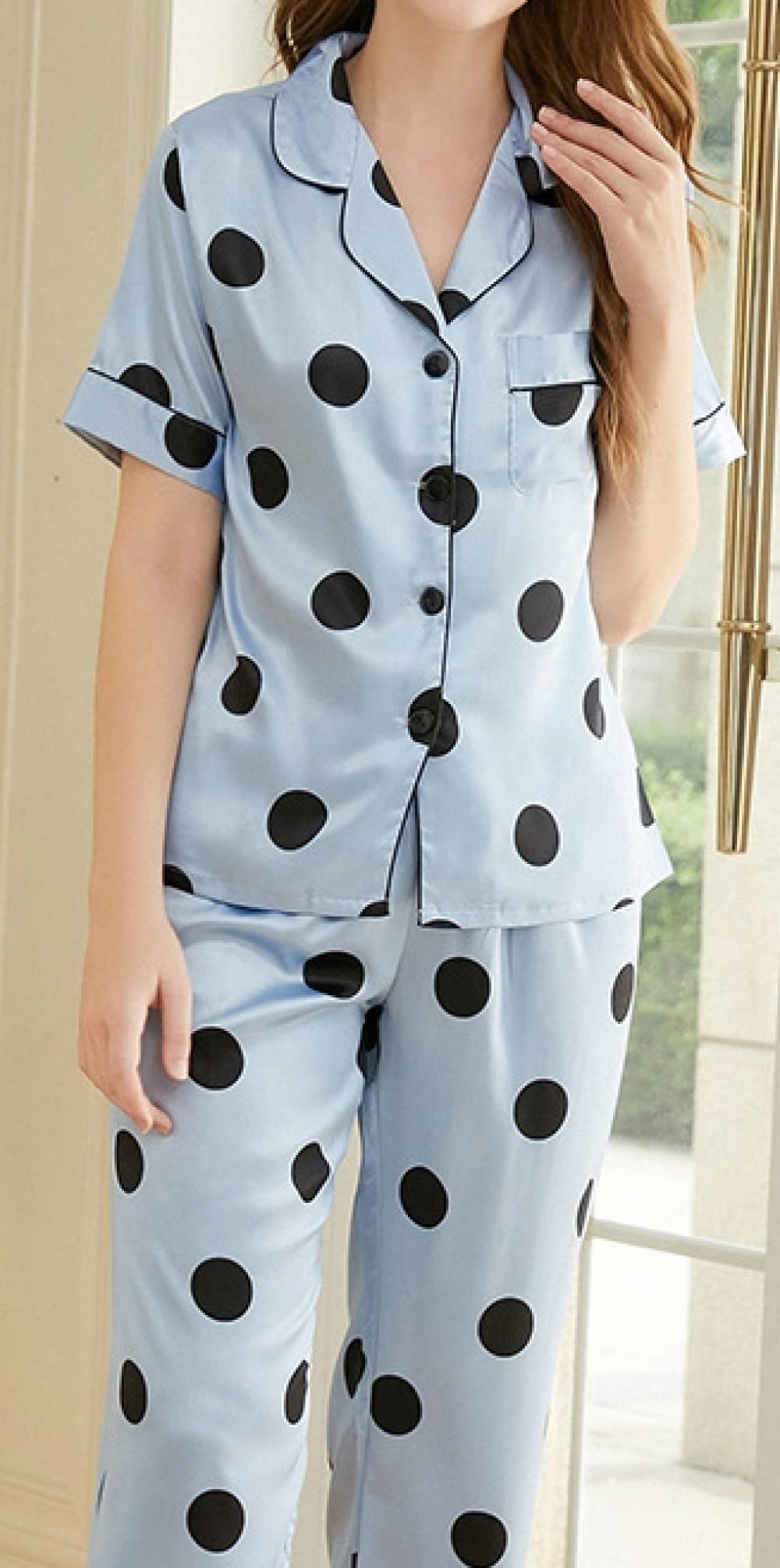 Pijama De Mujer Manga Corta,Pantalones De Manga Corta con Lunares Azules Pijama De Verano para Mujer Conjunto De 2 Piezas Pijama De Moda Suave Ropa De Salón Regalo del Día De La Madre para Esposa