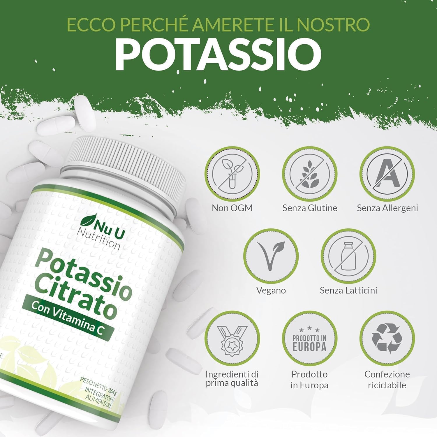 Potassio 1550 mg & Vitamina C - 240 Compresse Vegane - 4 Mesi di Scorta - Citrato di Potassio ad Alta Potenza - Prodotto in Europa - Nu U Nutrition