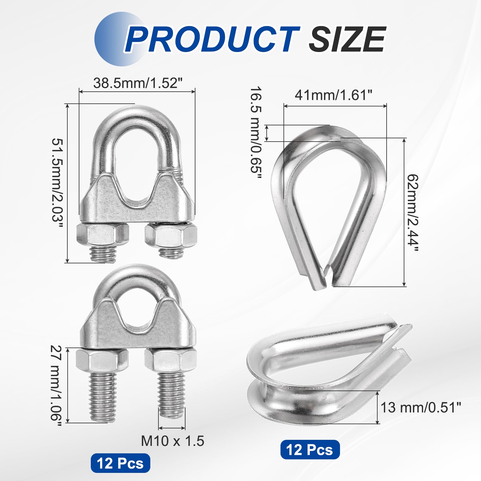 QUARKZMAN 12Set Morsetti Per Cavo In Acciaio 1/2 Pollice M12 Piccolo 304 Acciaio Inox U Bullone Staffa Fissaggi Con Thimble Per Sicurezza Marina Guys Rigo Recinto Corda Per Bucato, Argento