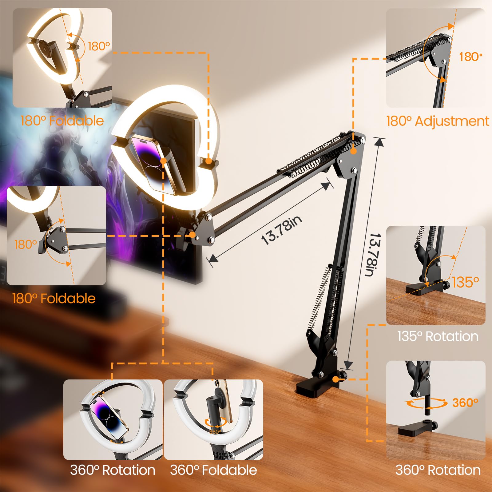 XINBAOHONG - Luce magnetica ad anello da 25,4 cm, supporto per fotocamera e telefono, luce LED per selfie XINBAOHONG con supporto e supporto per telefono, luce da scrivania ricaricabile per