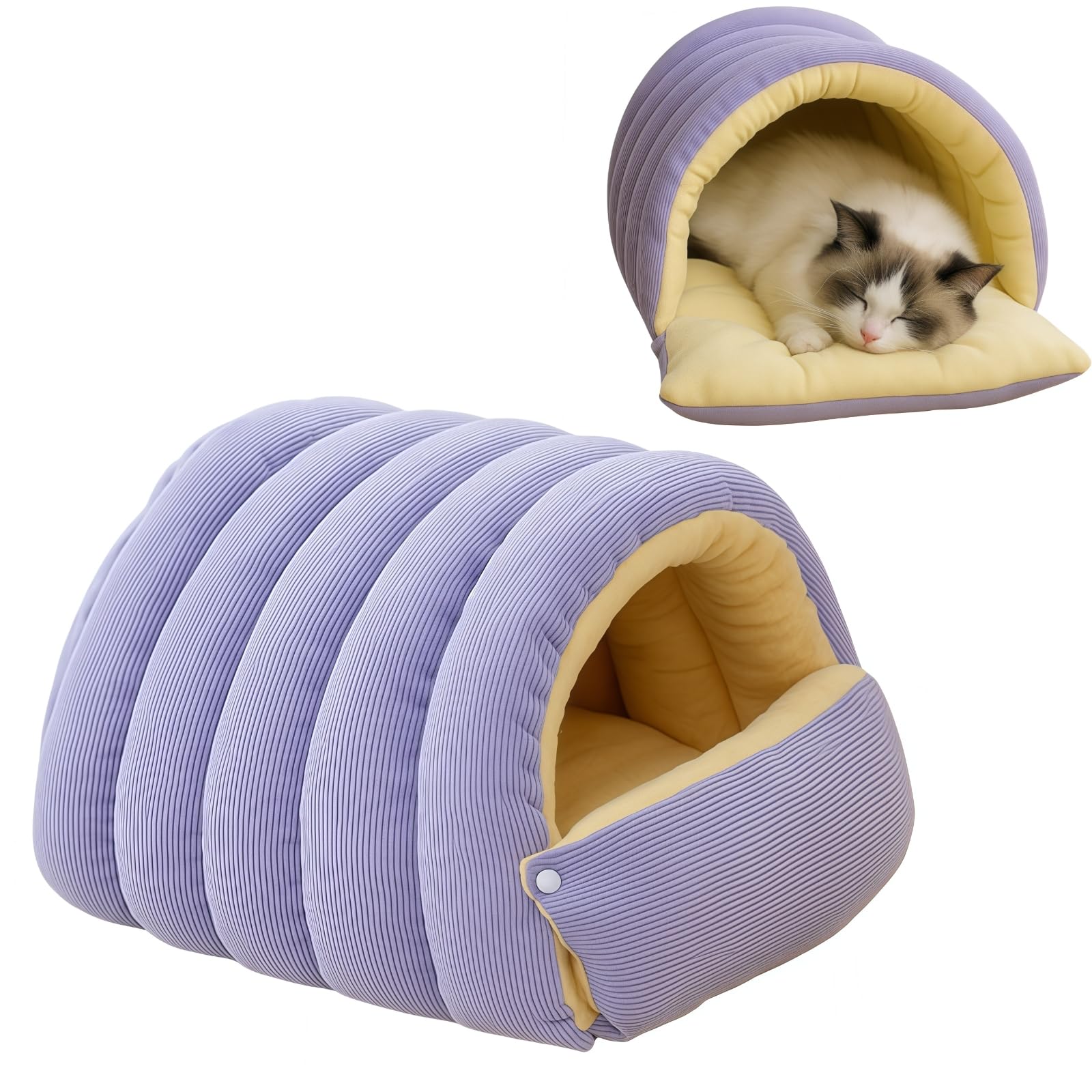Warmes Katzenbett Winter Faltbar Waschbar 45cm– Kuscheliger Katzenkorb mit Dach, Abnehmbares Katzenkörbchen für Katzen und kleine Hunde, Weiches Katzenbett zum Schlafen Zuhause(M, Helllila)