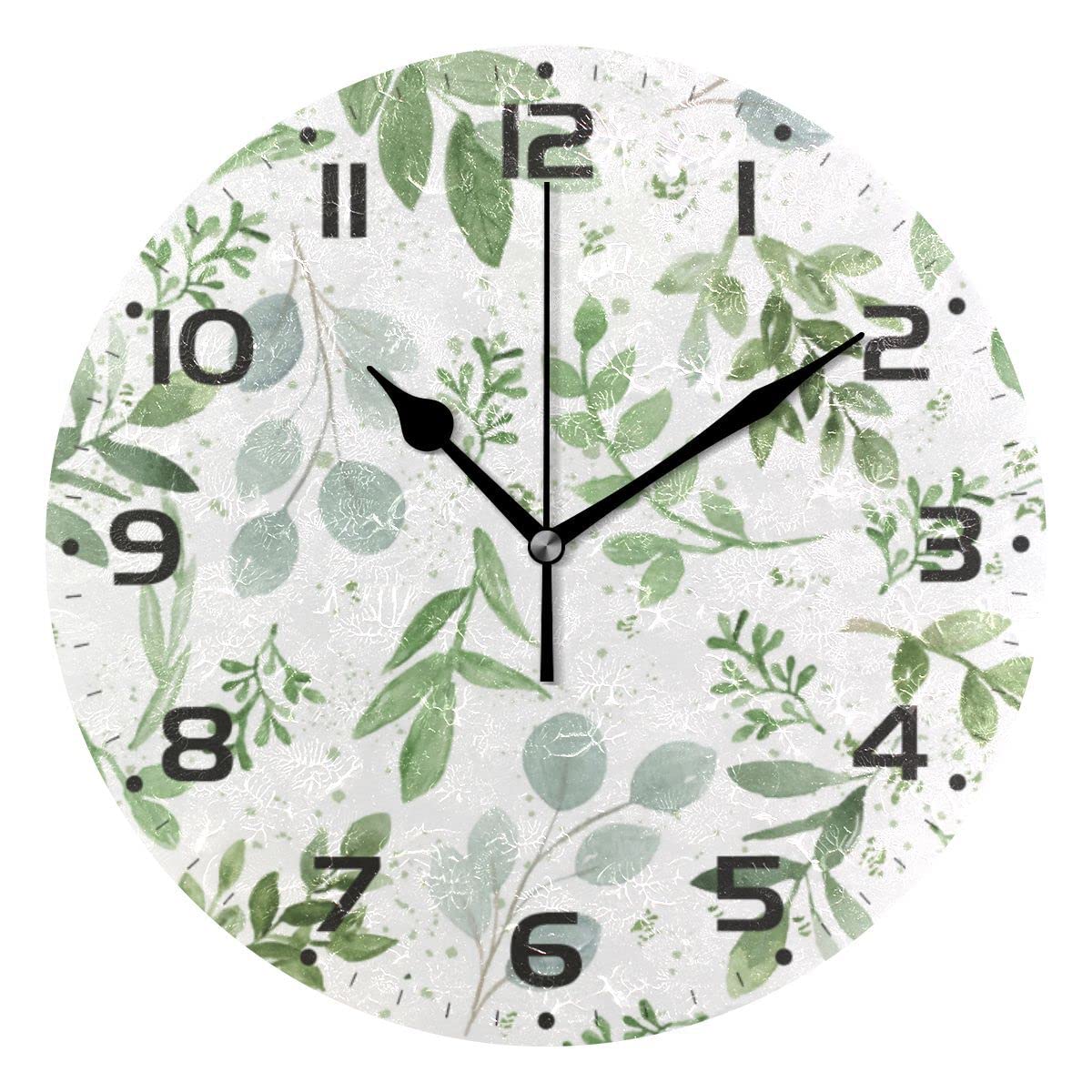 Mnsruu Large Wall Clocks, Plant Green Twigs Leaves Battery Operated Non Ticking 10 inch Clock Silent Art Bedroom Kitchen Clock Atomic Analog Clocks Home Decor