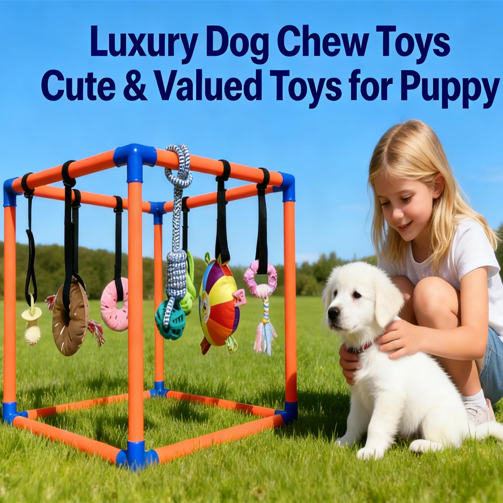Gimnasio de juego para cachorros para perros pequeños con 8 juguetes colgantes, enriquecimiento interactivo extraíble, parque infantil interior de la selva, marco de PVC ajustable con correas