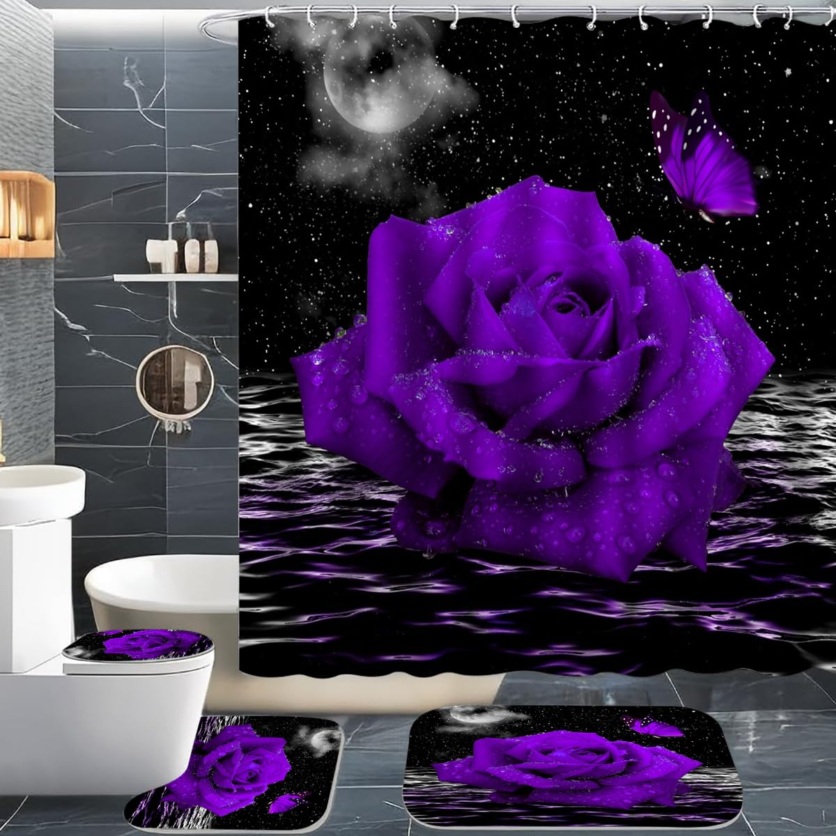 ALEXEX 4 PCS Purple Rose Shower Curtain Sets,Black Sky Bathroom Set with Shower Curtain and Rugs and Accessories,Lunar Ocean Raindrop Shower Curtain
