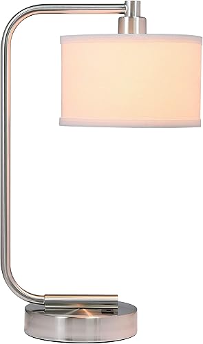 XiNBEi Lighting XB-TL1226-BN - Lámpara de mesa con puerto de carga USB y pantalla de tela, moderna lámpara de mesita de noche con acabado de níquel