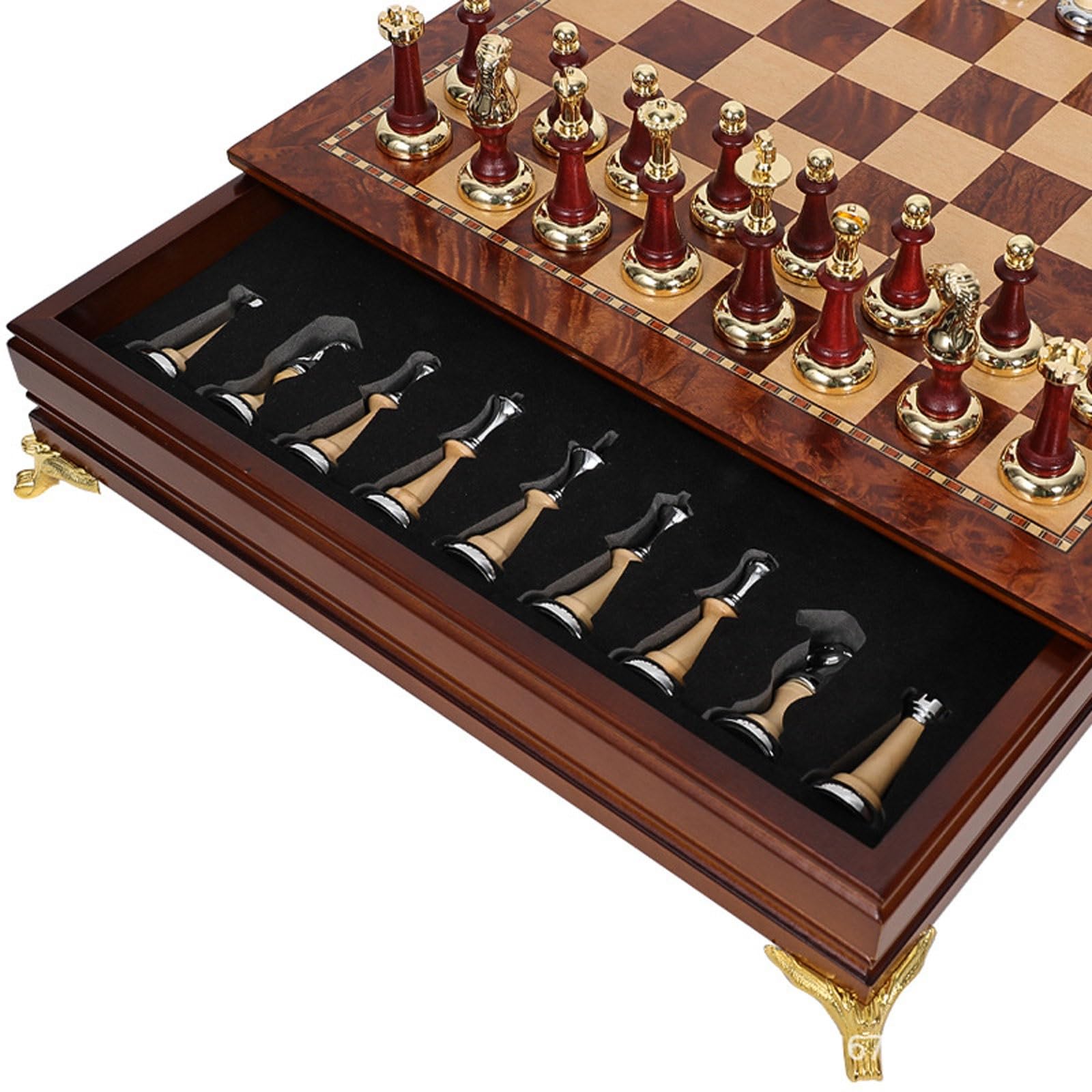 Set di scacchi in legno da 15,7", design raffinato della scacchiera superiore/inferiore for principianti e giocatori professionisti