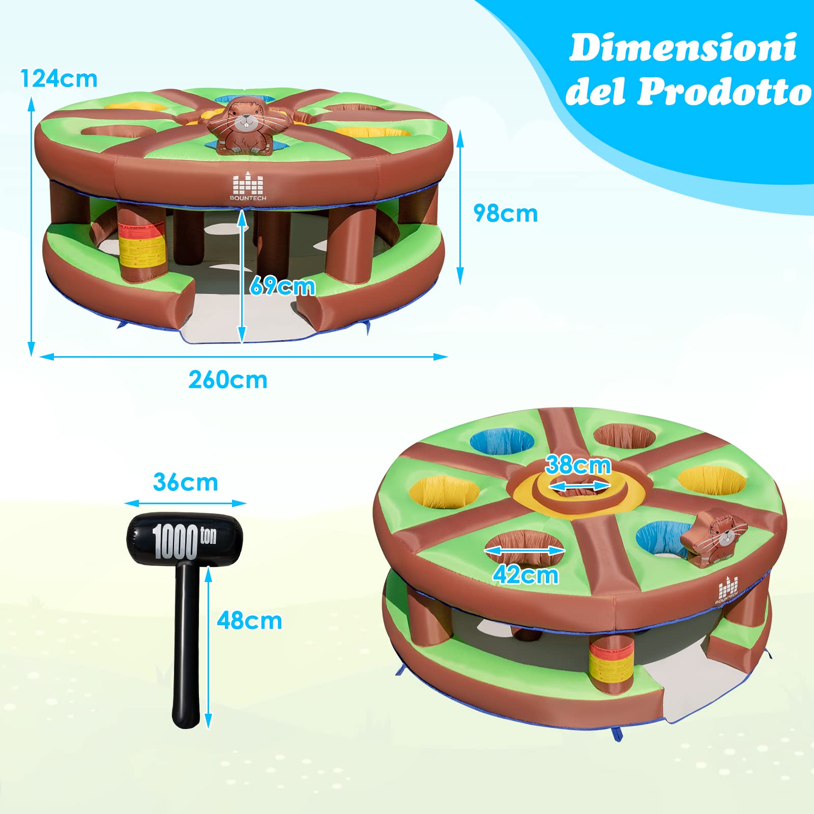 COSTWAY Giocattolo Gonfiabile per Bambini con Acchiappa la Talpa, Castello Gonfiabile per Bambini con Soffiatore, Borsa di Trasporto e Kit di Riparazione, 3-10 anni, 256 x 256 x 120cm