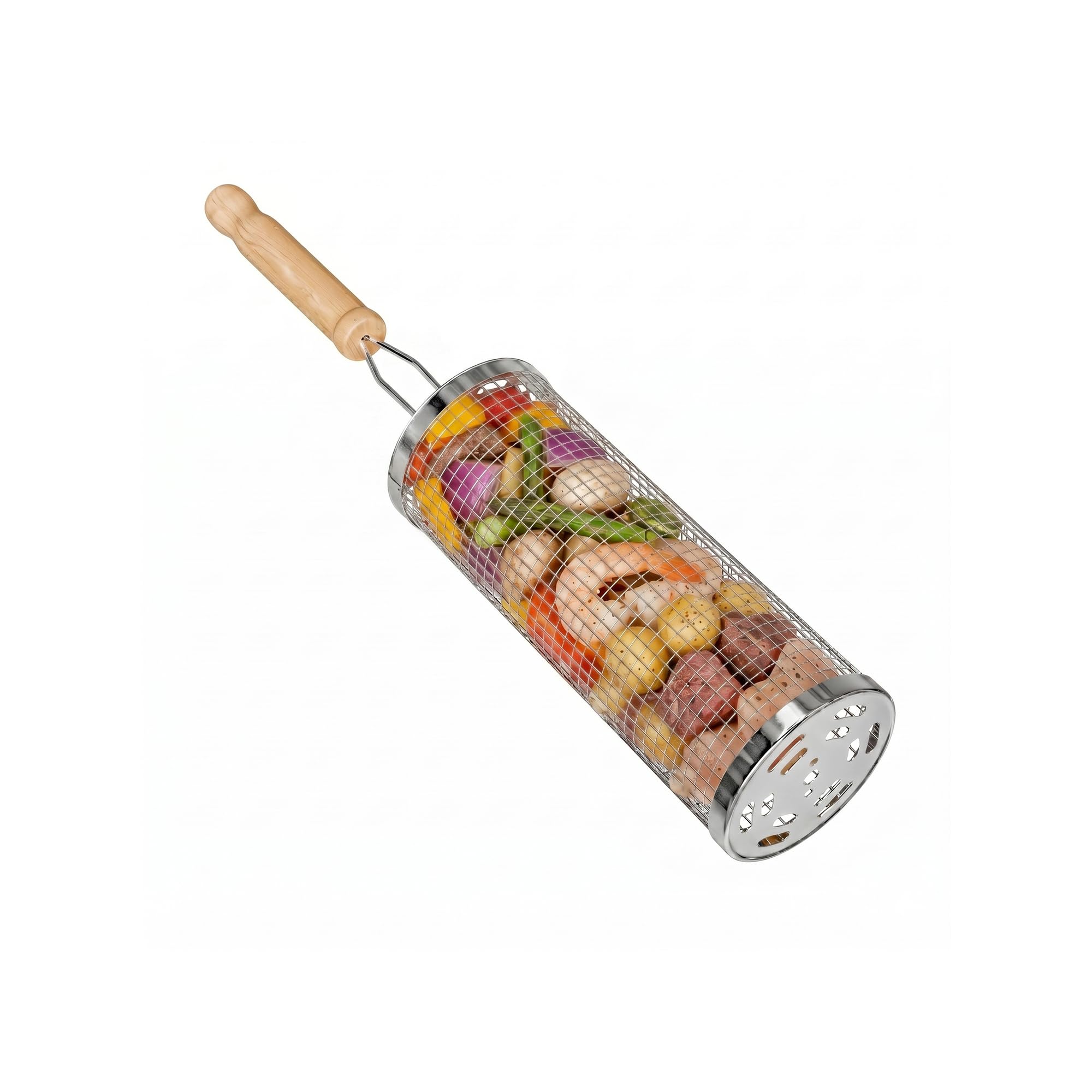 Amig - Round Barbecue Basket - 8 x 20 cm - Wooden Handle - Stainless Steel Grill - Rotating Basket for Garden or Camping Barbecues - Stable Support and Easy Cleaning - Mod. AM28