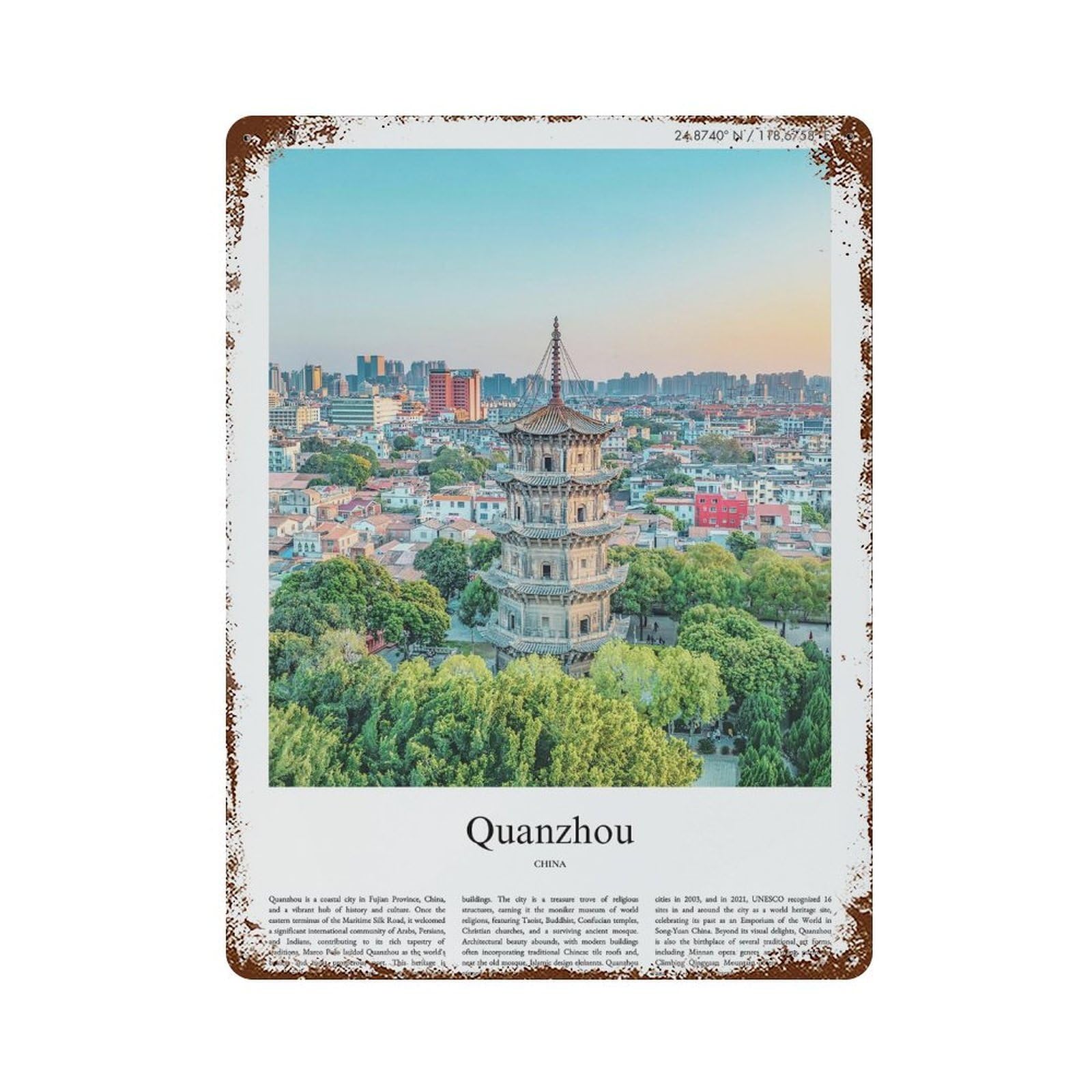 xiaoxiaoshen Quanzhou China City Scenery Wall Decor Art Metal Tin Poster Modern Home Decor Art Home Bar Shop Decorations Vintage Sign 40x30cm