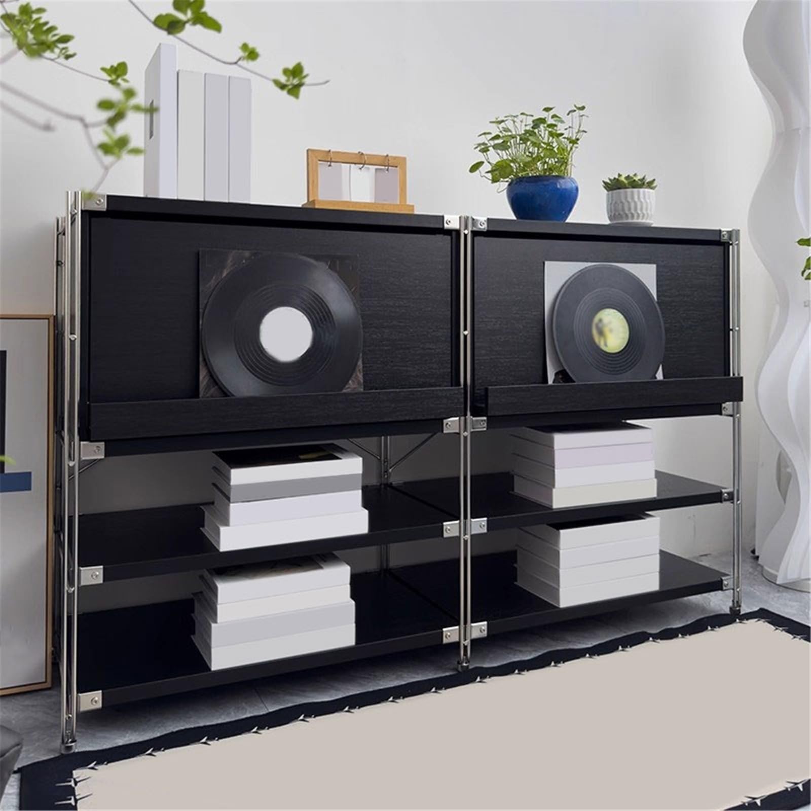 porta CD Mobiletto porta dischi in vinile in legno a più livelli, credenza for soggiorno con anta a ribalta e gamba in metallo
