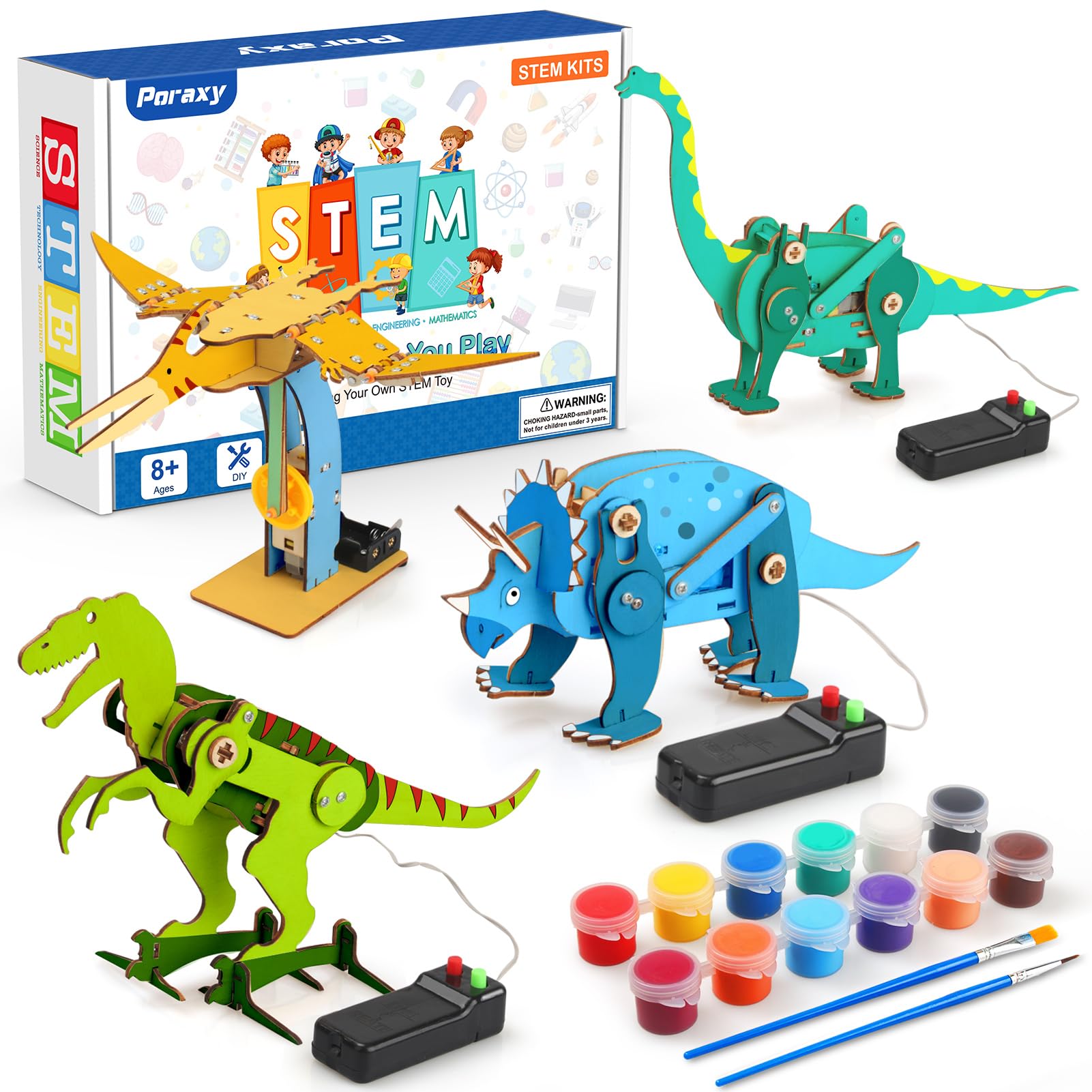 Poraxy Dinosaur Toys, 4 in 1 STEM Kits for Kids Age 8-10, Toys for Ages 8-13, Educational Science Building Projects, 3D Wooden Puzzles Robot Crafts, Gifts for Boys Girls 7 8 9 10 11 12 13 Year Old