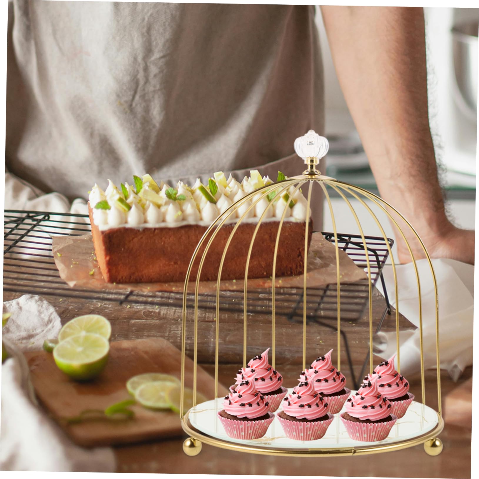 Soporte De Tartas De Dorado Diseño De Jaula De Pájaros Para Presentación De Postres Bodas y Celebraciones Fácil De Montar y Almacenar