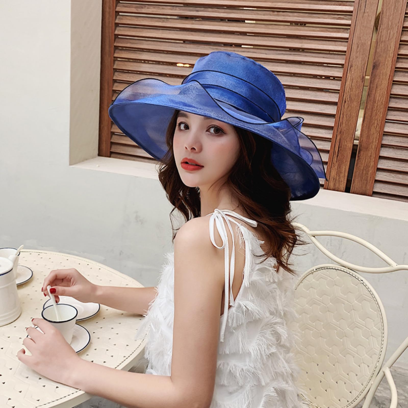 Damen-Fascinator aus Organza, Kirche, Braut, Teeparty, Hochzeit, Sommer, Rüschen, Blume, breite Krempe, Strand-Sonnenhut