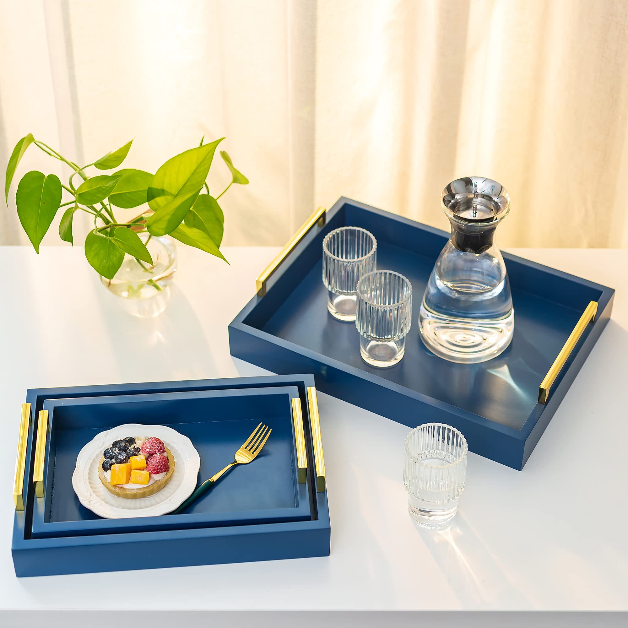 Buy Hanobe Serving Tray with Handles Set of 3 Blue Wood Decorative