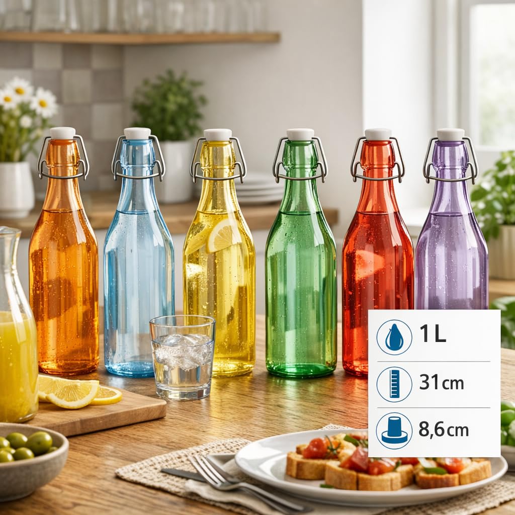 Set 6 Bottiglie in Vetro Colorato 1 Litro con Tappo Ermetico Caraffe Eleganti Bicchieri Multicolore per Acqua, Smoothie, Succo di Frutta Mod. SLIGO