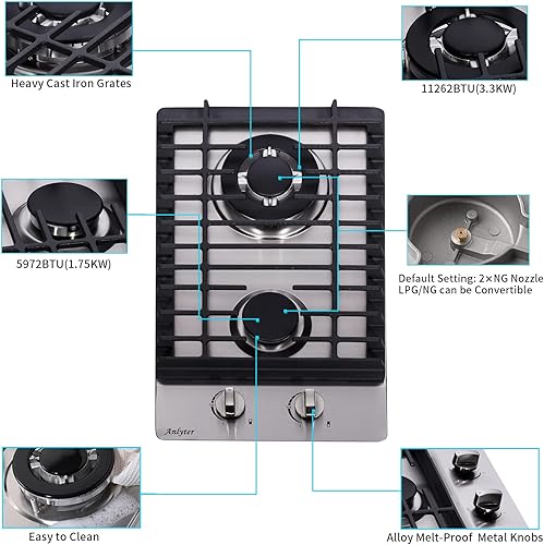 Miniatura 3 de Estufa de gas de 12 pulgadas, 2 quemadores, estufa de gas integrada de acero inoxidable, estufa de gas de acero inoxidable con tapa de gas LPG/NG