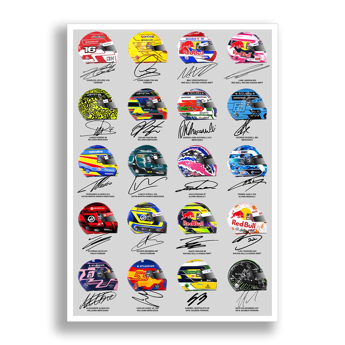 Mounted Gifts Trading Formula One 2025 Season F1 All Drivers Signed Poster Print Picture Photo Autograph Gift Helmets Lewis Hamilton Lando Norris George Russell Oliver Bearman (A4 Poster Only)