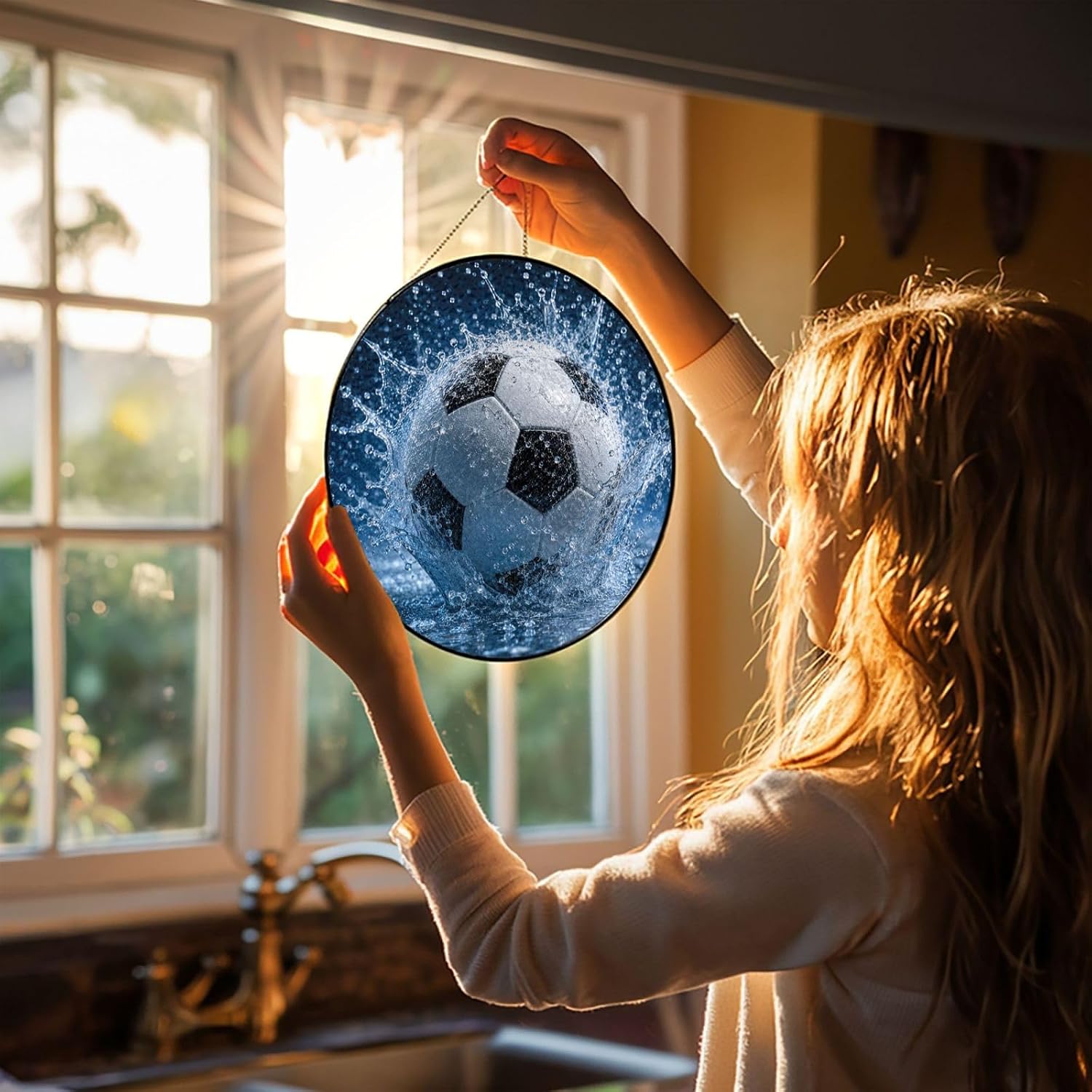 Water Soccer Sun Catcher Stained Glass Window Hanging Gifts