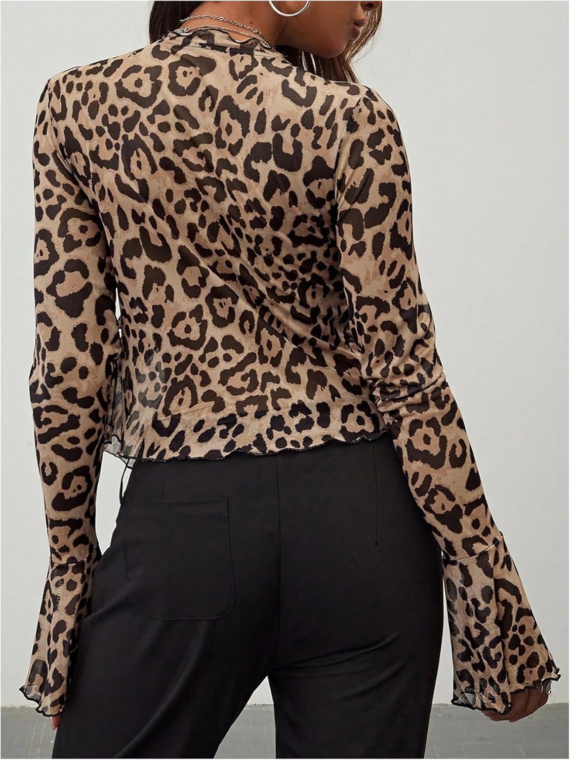 MakeMeChic Women's Leopard Print Tops Bell Sleeve Top Ruffled Tie Front Blouse Shirts - Image 2