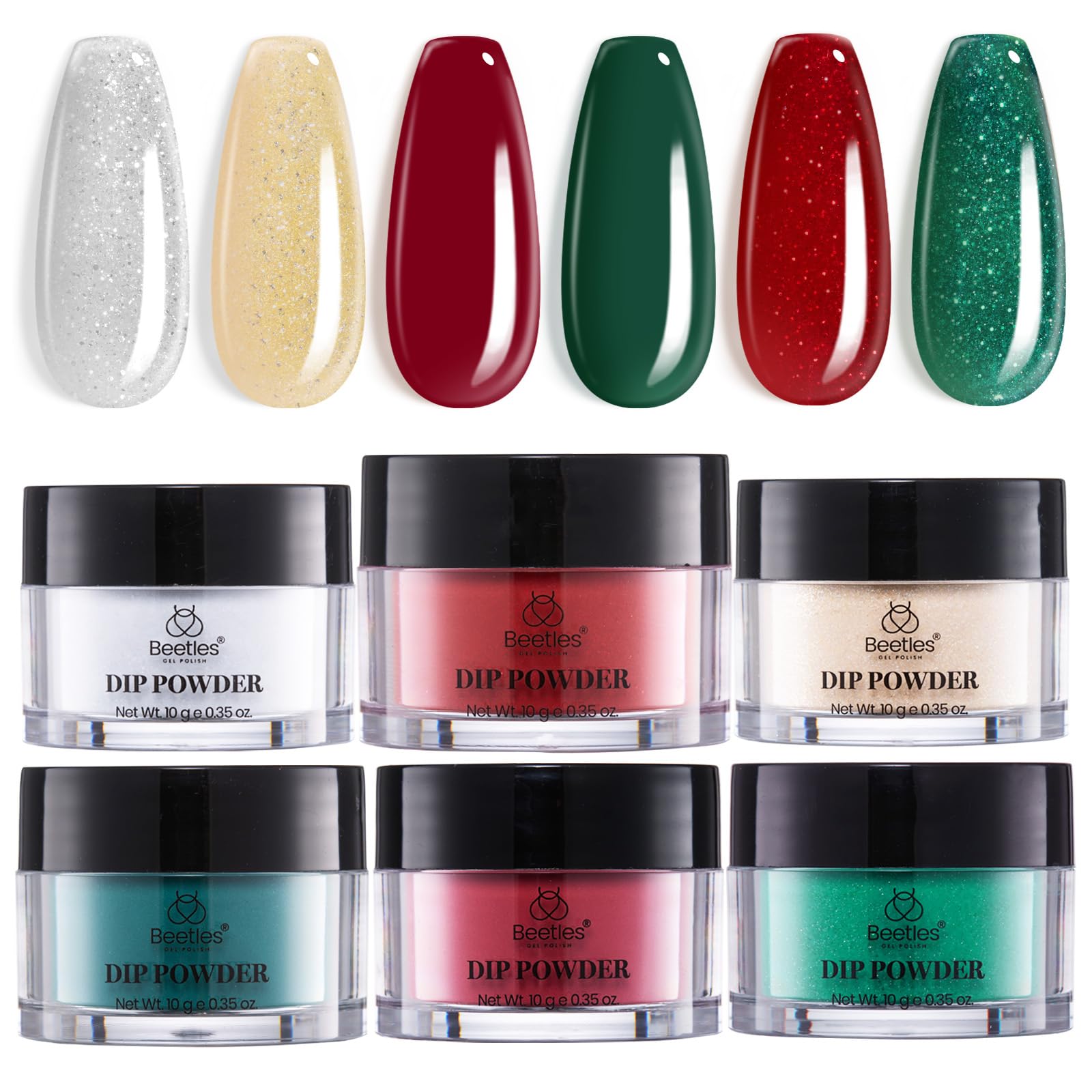 Beetles Dip Powder Nail Set 6 Colors Red Green Glitter Silver Gold Dipping Powder Starter Kit Manicure DIY Salon Valentines Gift for Women No Nail Lamp Needed Glossy Xmas Party