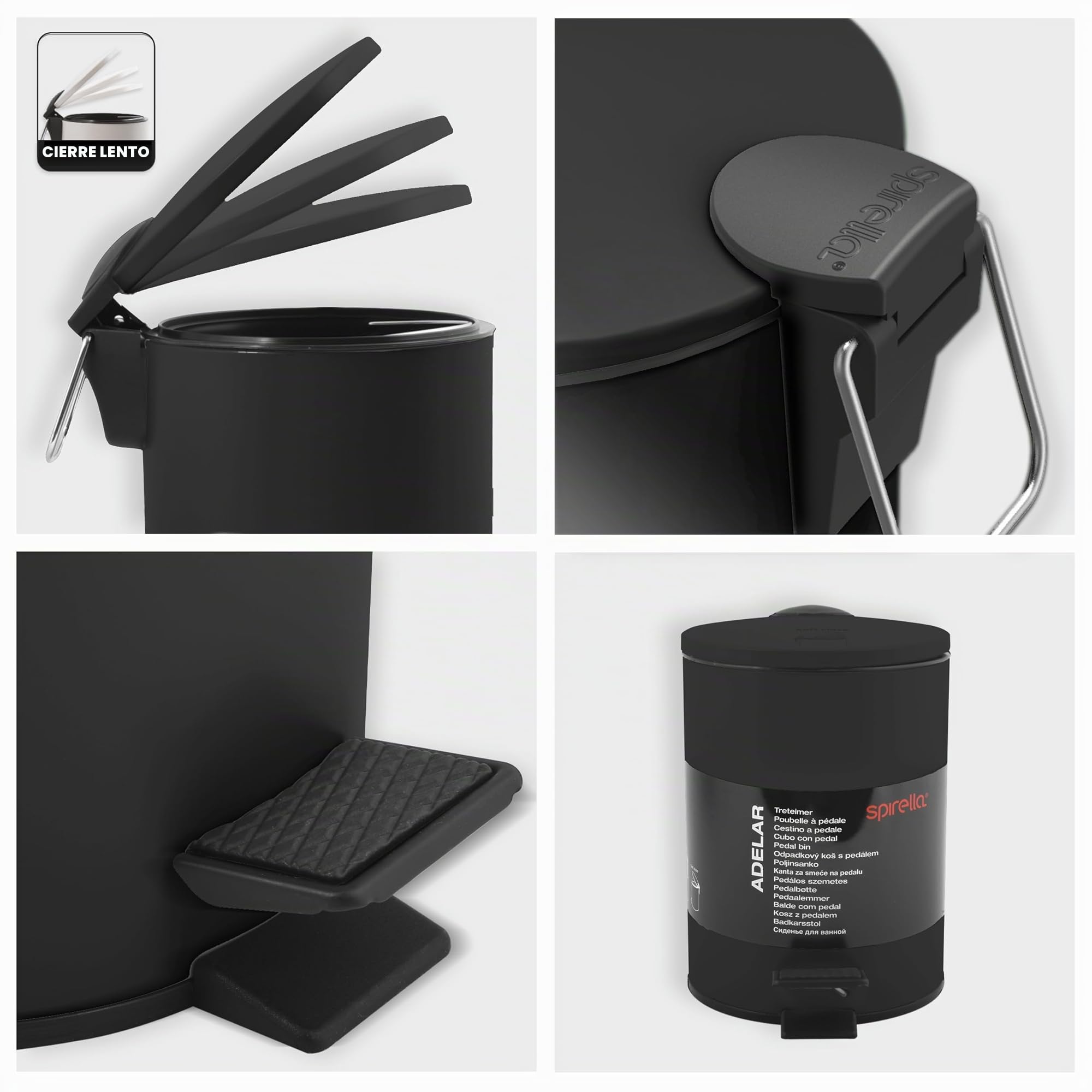 Spirella - Papelera de pedal Adelar - Acero mate - Cierre lento y silencioso - Revestimiento antihuellas - Diseño moderno y elegante - Negro mate - 3 L