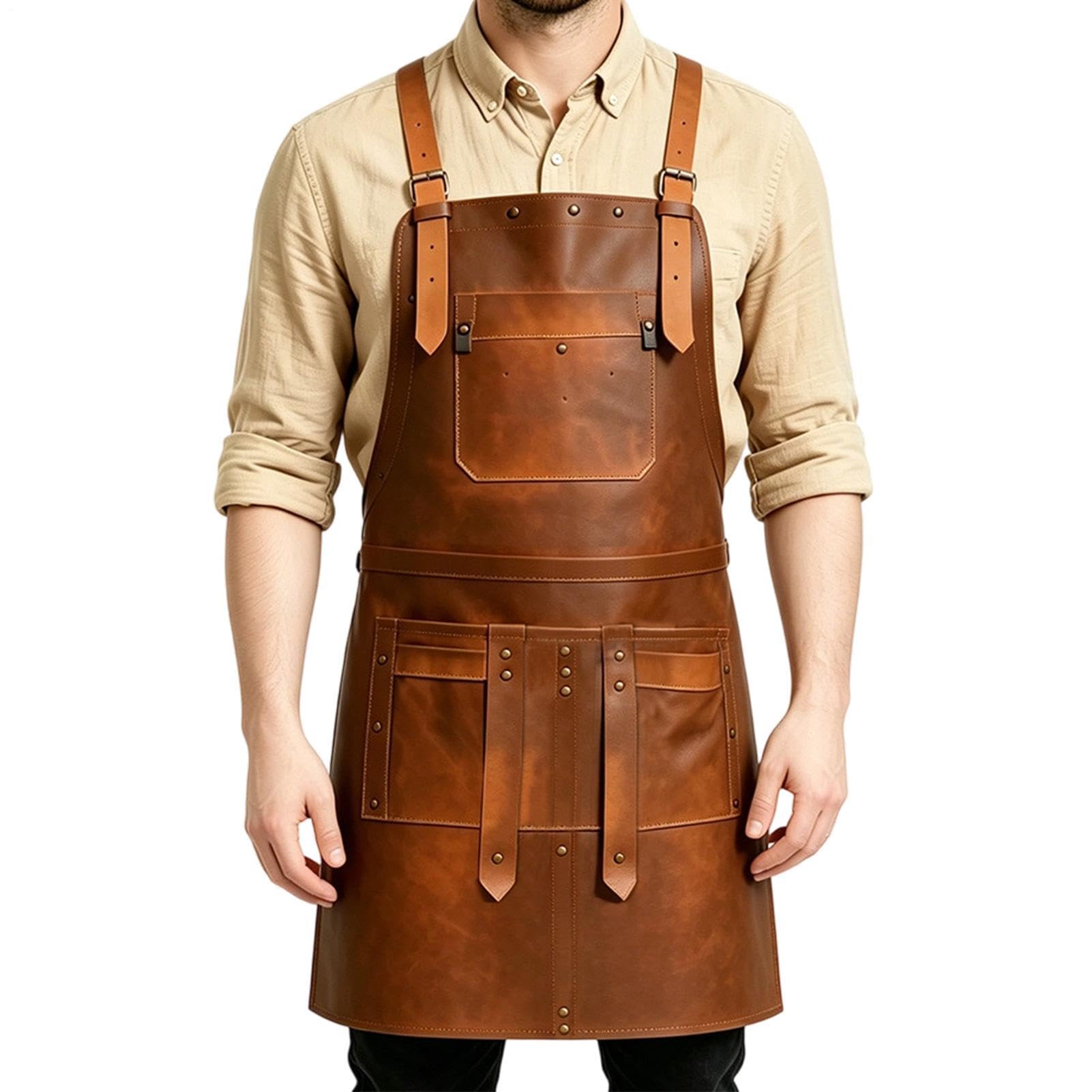 Tablier en cuir avec multiples poches et bretelles réglables croisées dans | Tablier de travail en cuir Pour pâtisserie, travail du bois, artisanat, baristas, chefs à domicile