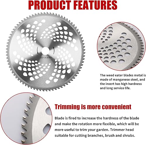 Miniatura 6 de Gashwer Cuchillas de acero al carbono de 10 pulgadas x 3 dientes, cuchillas para devorar malezas, punta de carburo de 10 pulgadas x 80T, compatible