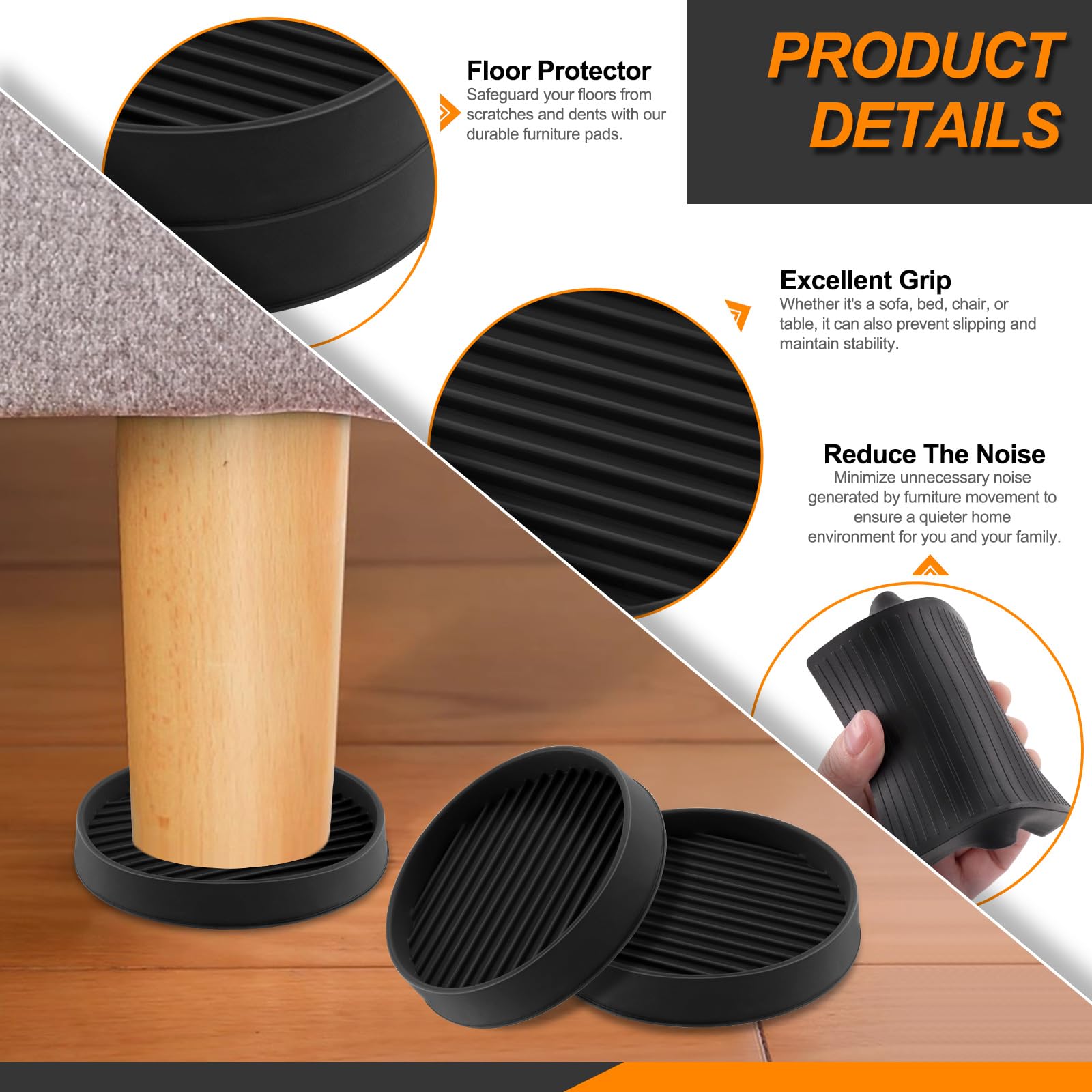 Rustark 8Pcs 75mm 3 Inch Black Round and Square Rubber Caster Cups Non Slip Furniture Coasters Square Pads Hardwoods Floors Protectors Non Skid Square Furniture Feet Caps for Bed Couch Tables Chair - Image 4