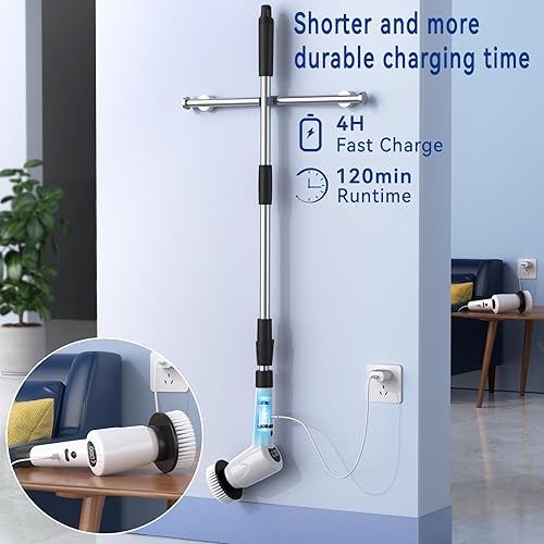 Miniatura 6 de Limpiador eléctrico giratorio, limpiador eléctrico inalámbrico para bañera y azulejos con brazo de extensión ajustable, 3 velocidades 7 cabezales de