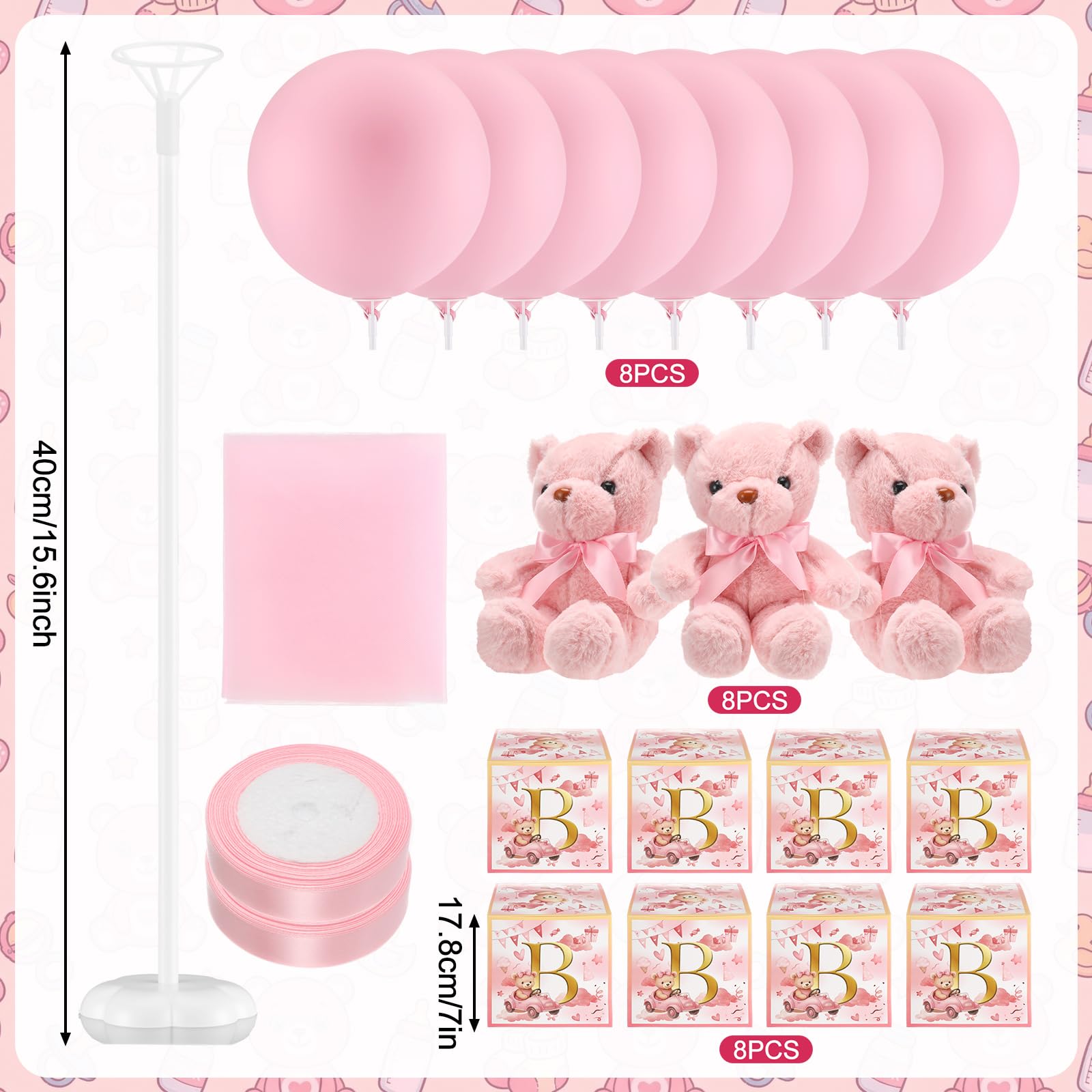 Outus 8 Sets Rosa Bär Babyparty Dekorationen mit Buchstaben Boxen für Babyparty Tisch Mittelstücke Stoffbären Ballon Rosa Boxen mit Ständer Bär Plüschtier Bären für Geschlecht Enthüllung Geburtstag